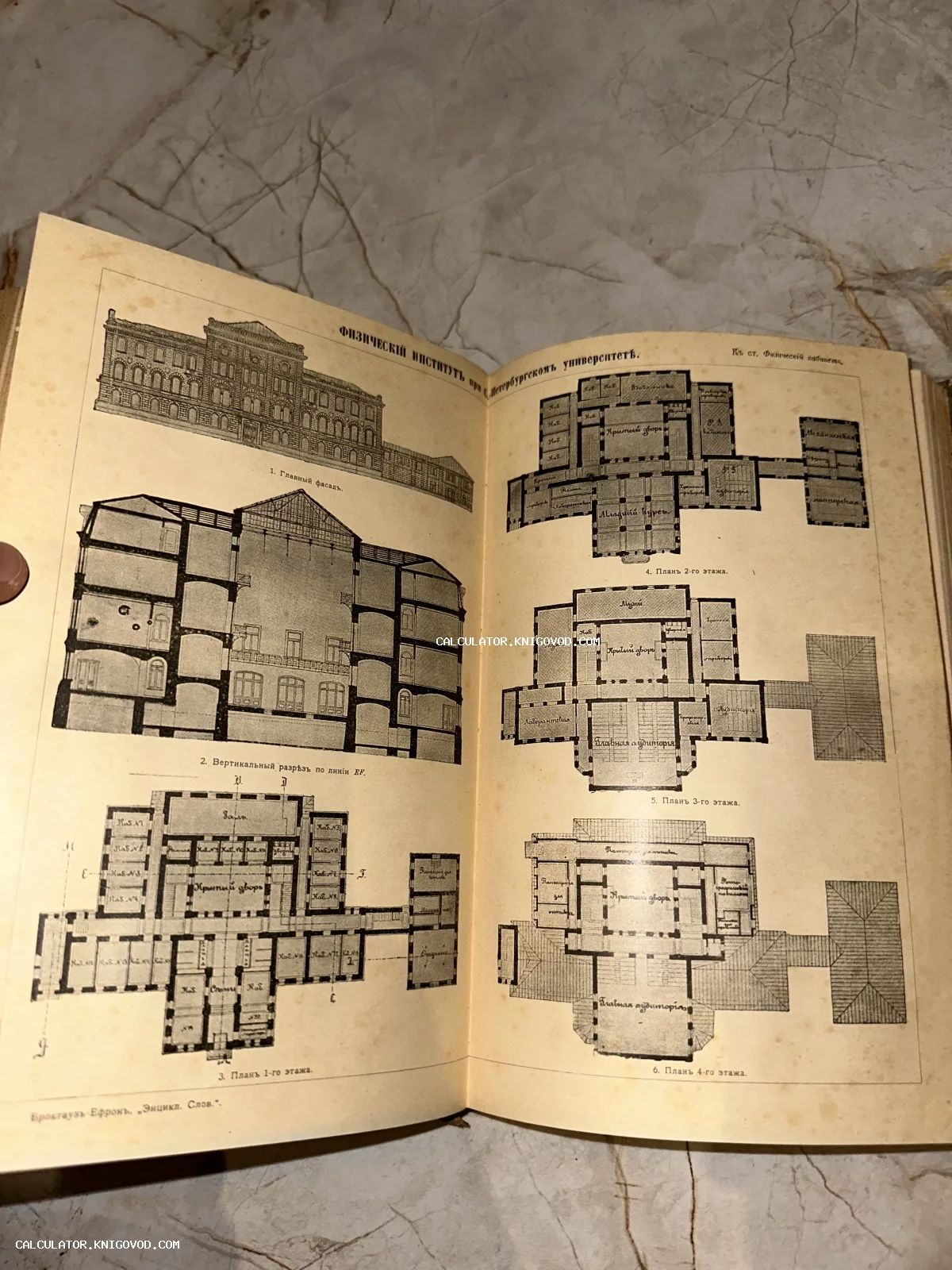 Страница из энциклопедии Брокгауза и Ефрона с чертежами Физического института: фасад, разрез и поэтажные планы.