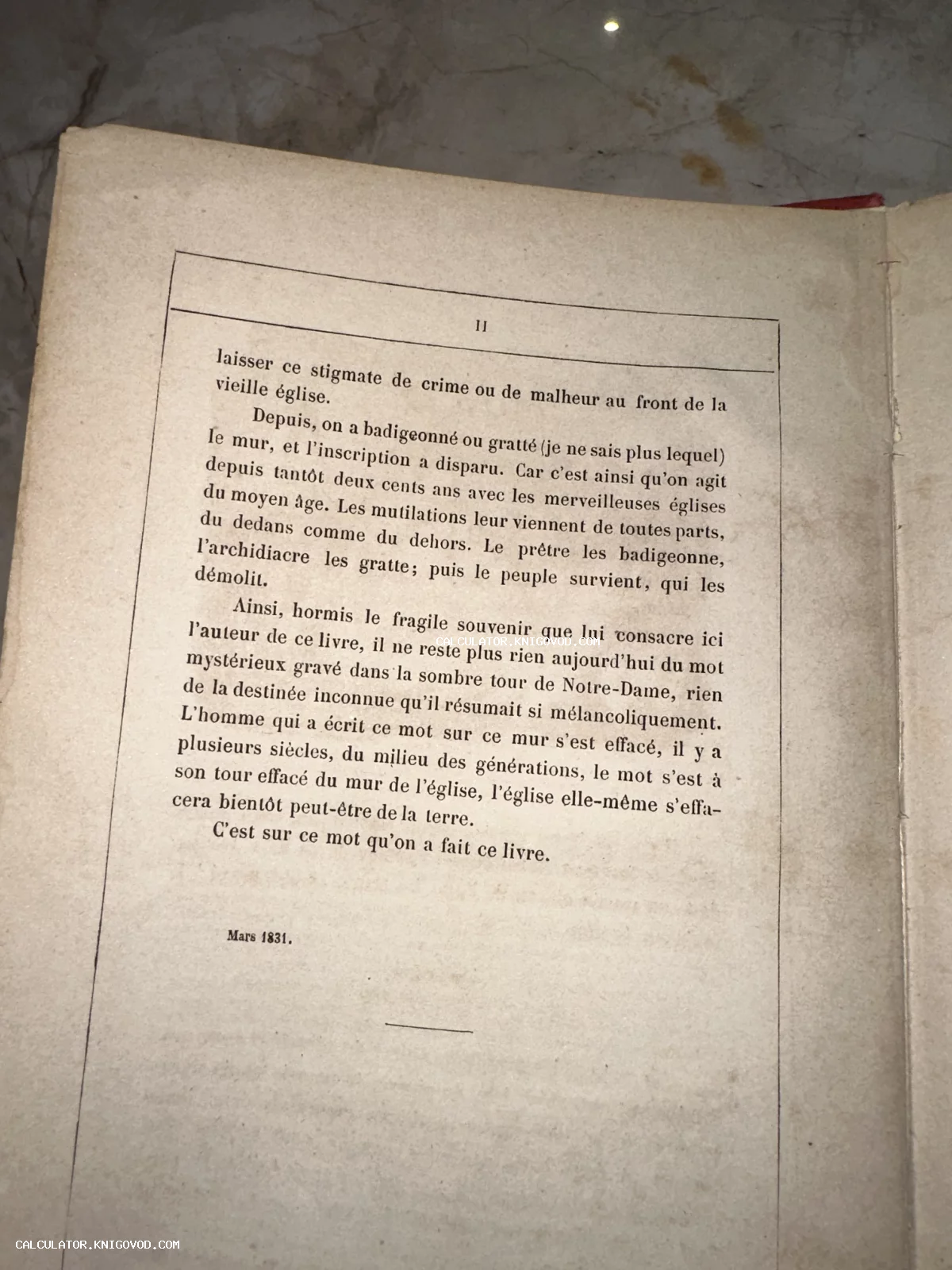 Страница старинной французской книги с текстом предисловия Виктора Гюго, датированная мартом 1831 года.