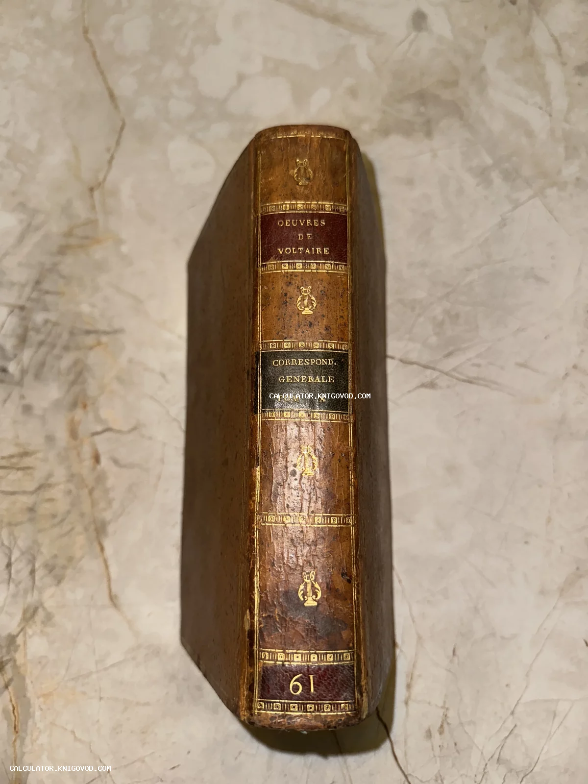 Корешок старинной книги в кожаном переплете с золотым тиснением: Сочинения Вольтера, Общая переписка, Том 10.