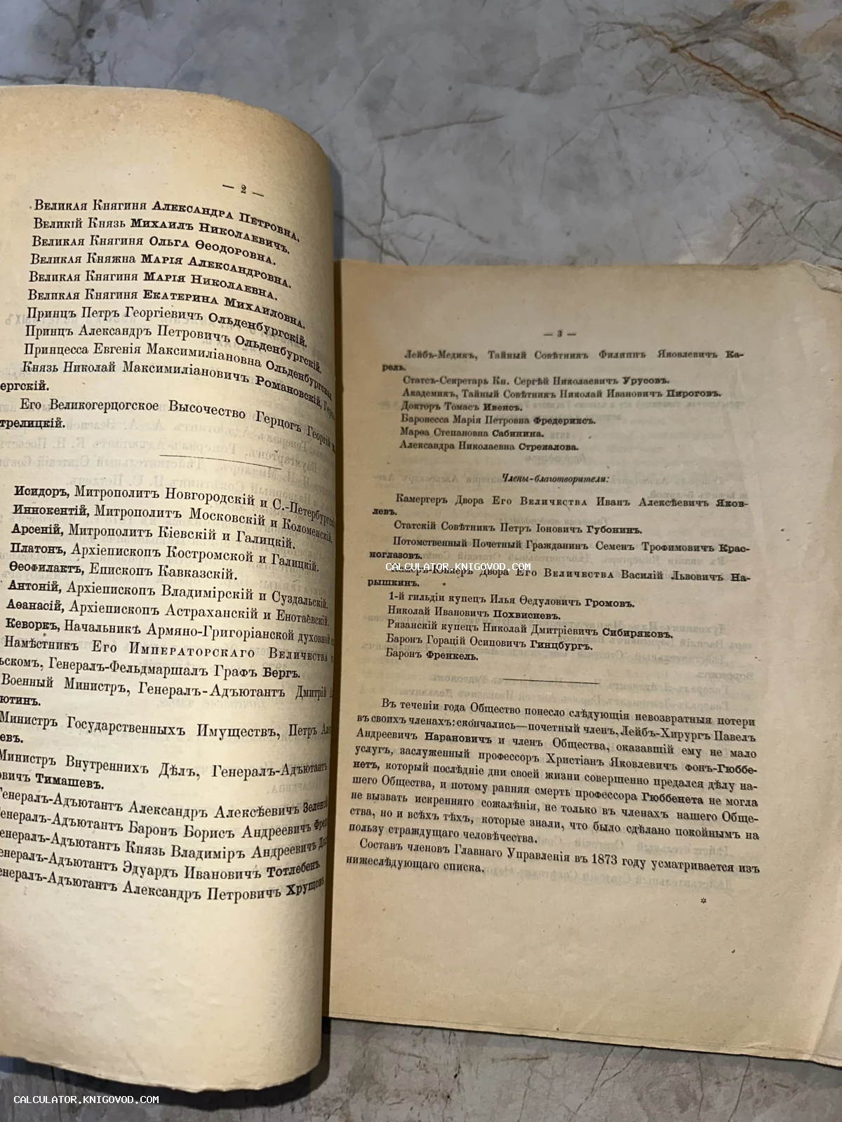 Разворот антикварной книги с именами членов императорской семьи, духовенства и государственных деятелей на дореволюционном русском языке.