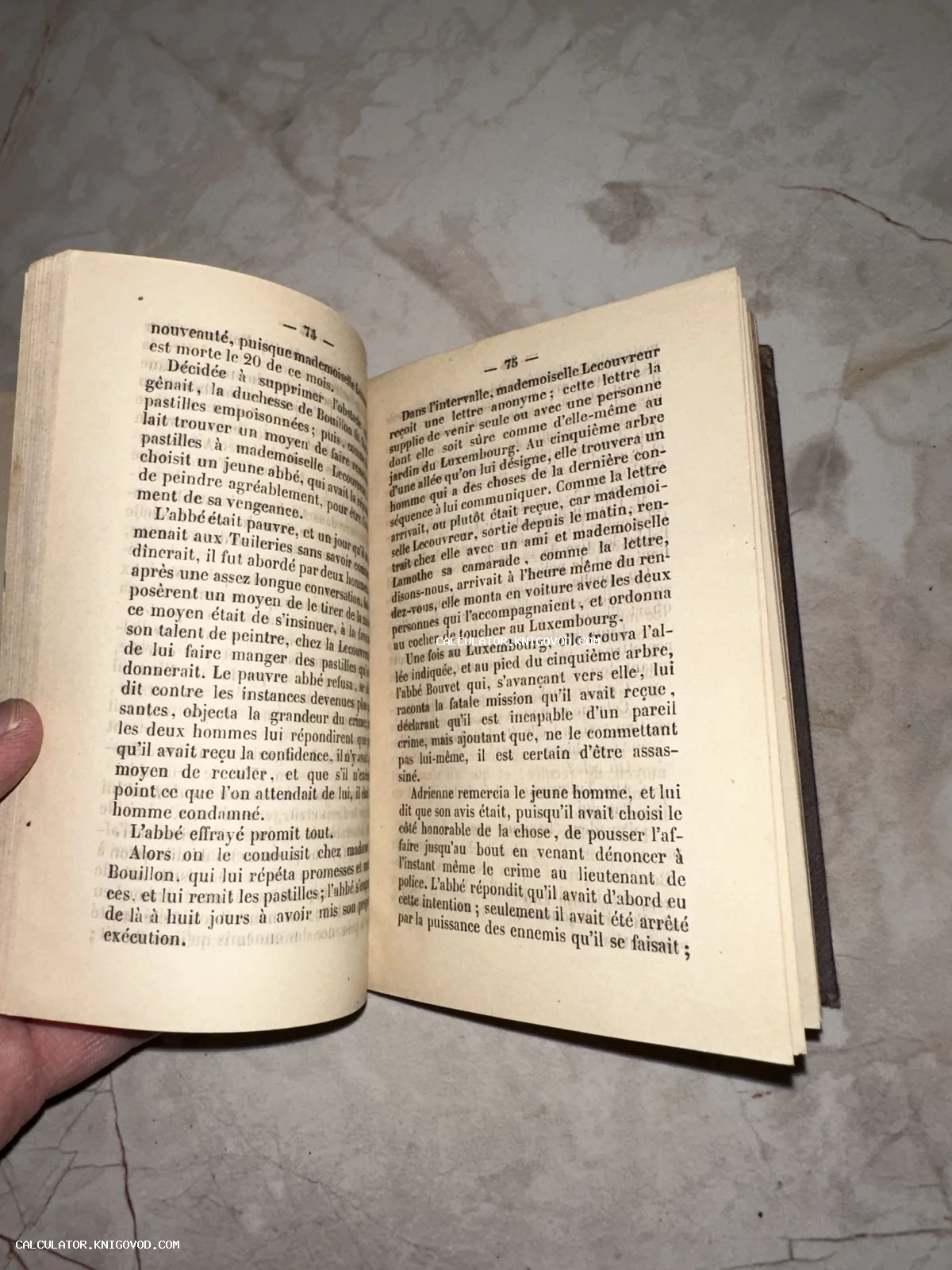 Разворот старинной книги на французском языке со страницами 74 и 75, напечатанной на пожелтевшей бумаге.