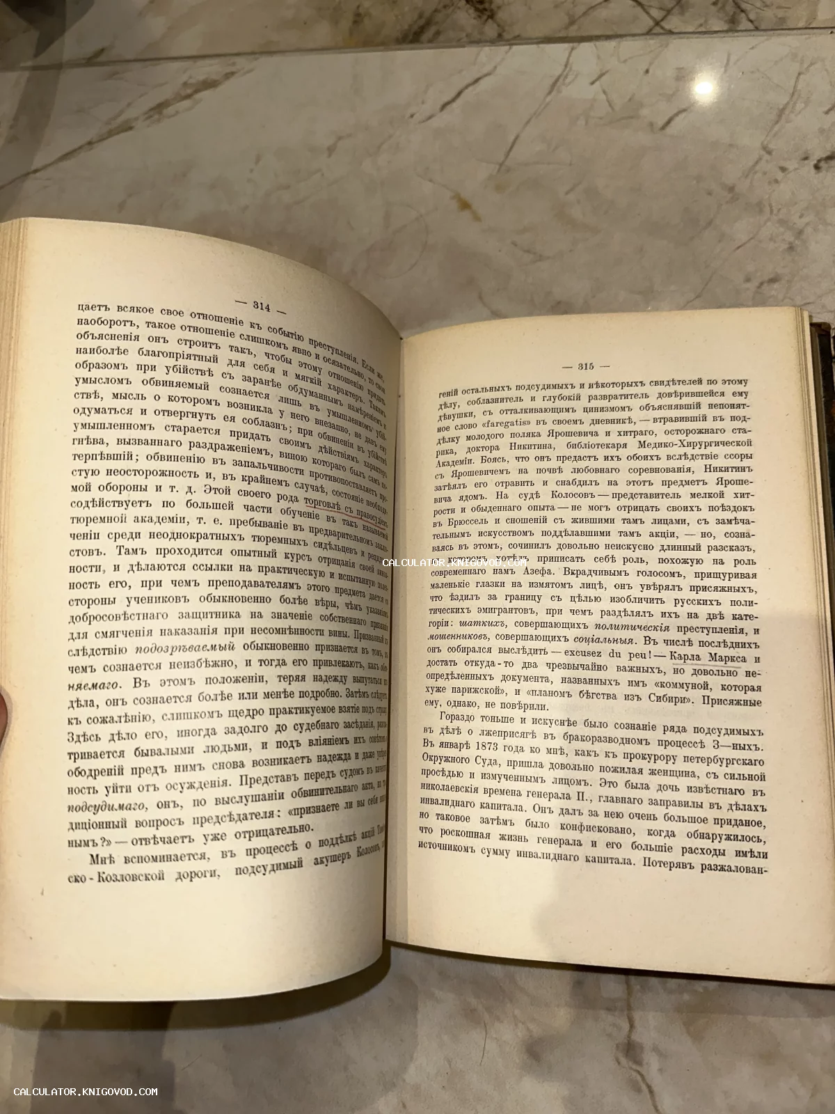 Разворот открытой старинной книги на страницах 314 и 315 с текстом в дореволюционной орфографии.