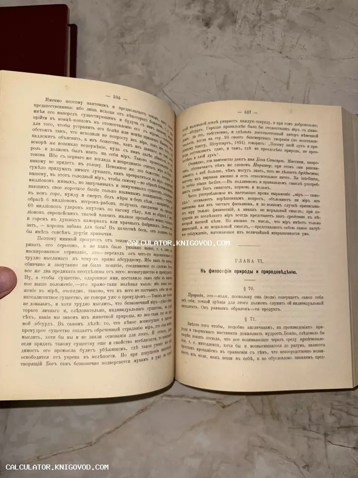 Разворот антикварной книги с текстом на дореволюционном русском языке, заголовок главы 'К философии природы'.