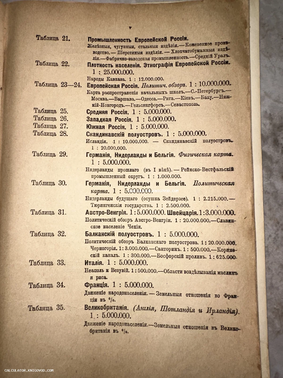 Фотография страницы старинного издания со списком карт Европы и Российской империи, напечатанным дореволюционным шрифтом.