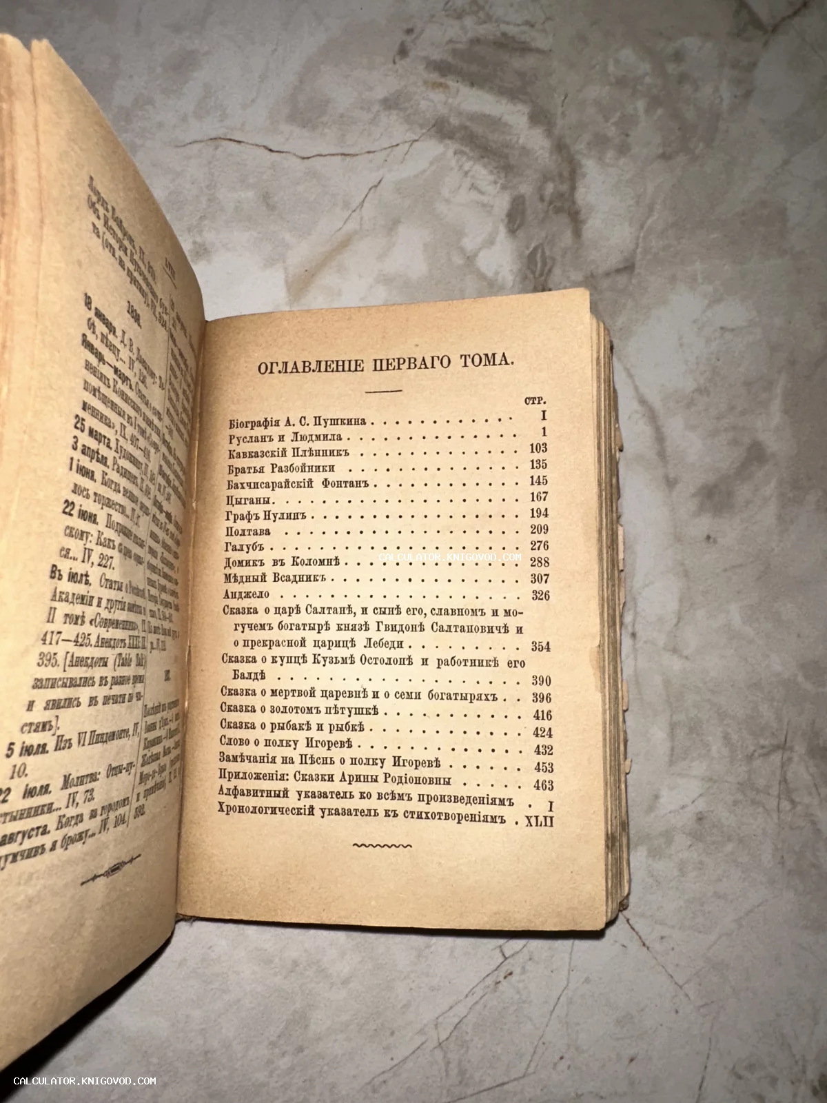 Разворот старинной книги с оглавлением произведений А. С. Пушкина на дореволюционном русском языке.