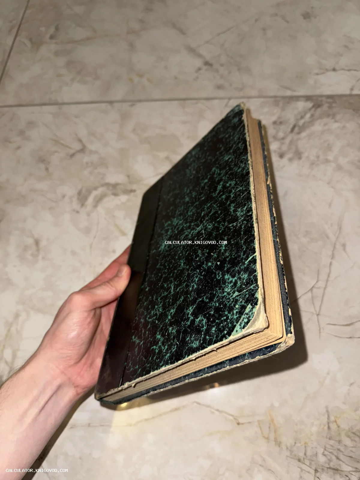 Мужская рука держит старинную книгу с темно-зеленой мраморной обложкой и пожелтевшими от времени страницами.
