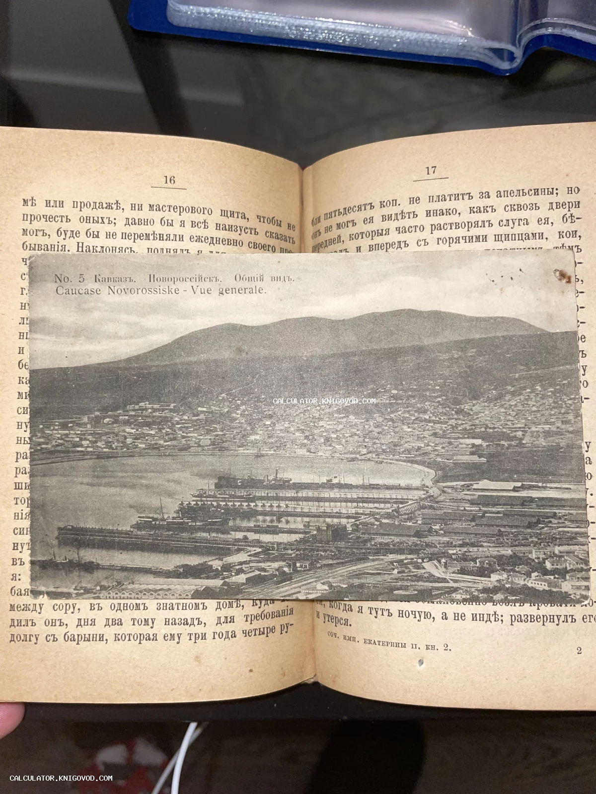 Старинная черно-белая почтовая открытка с видом на порт и город Новороссийск на фоне гор, вложенная в раскрытую старую книгу.