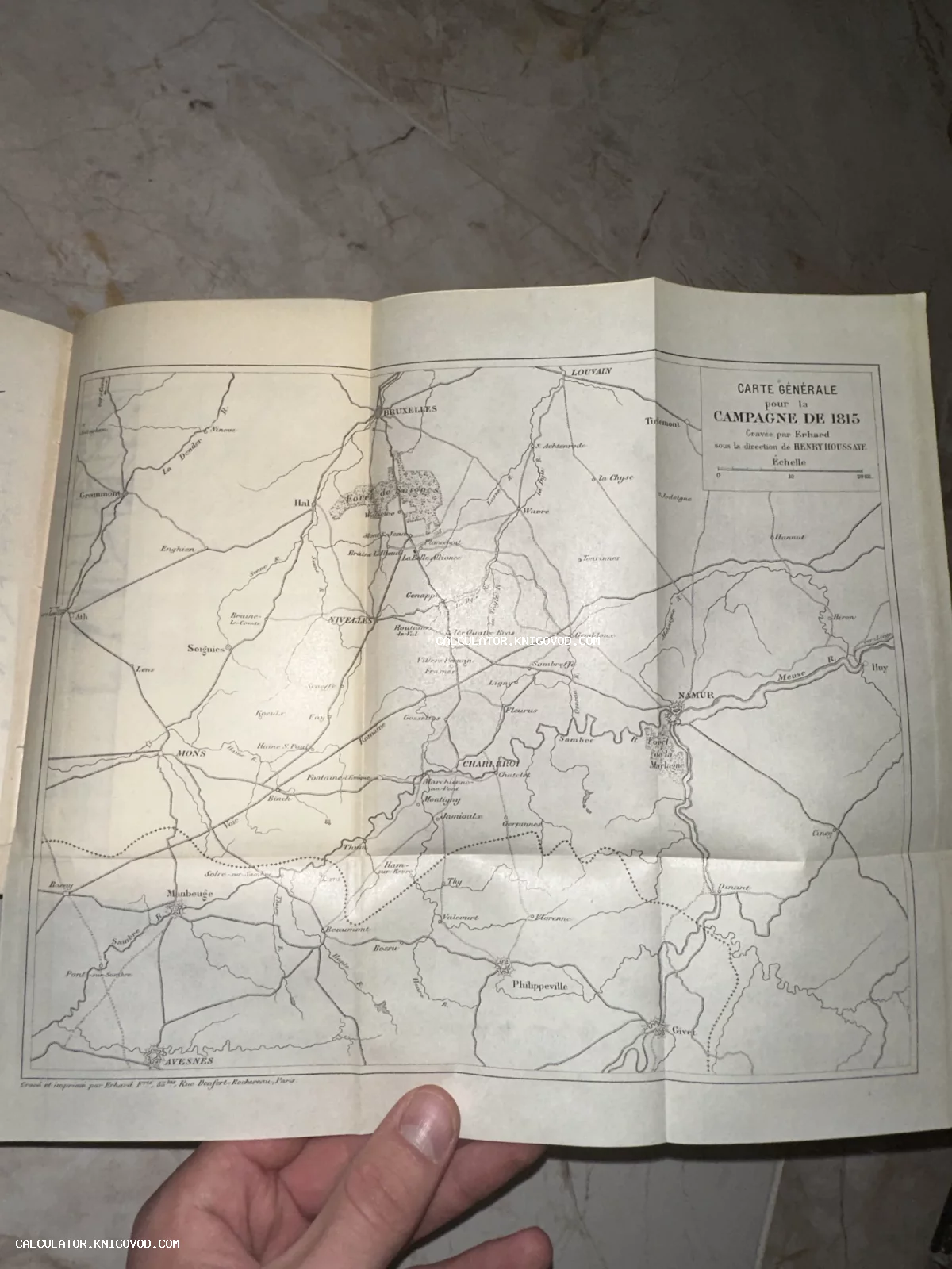 Старинная складная черно-белая карта Бельгии 1815 года с указанием городов Брюссель, Ватерлоо и Намюр.