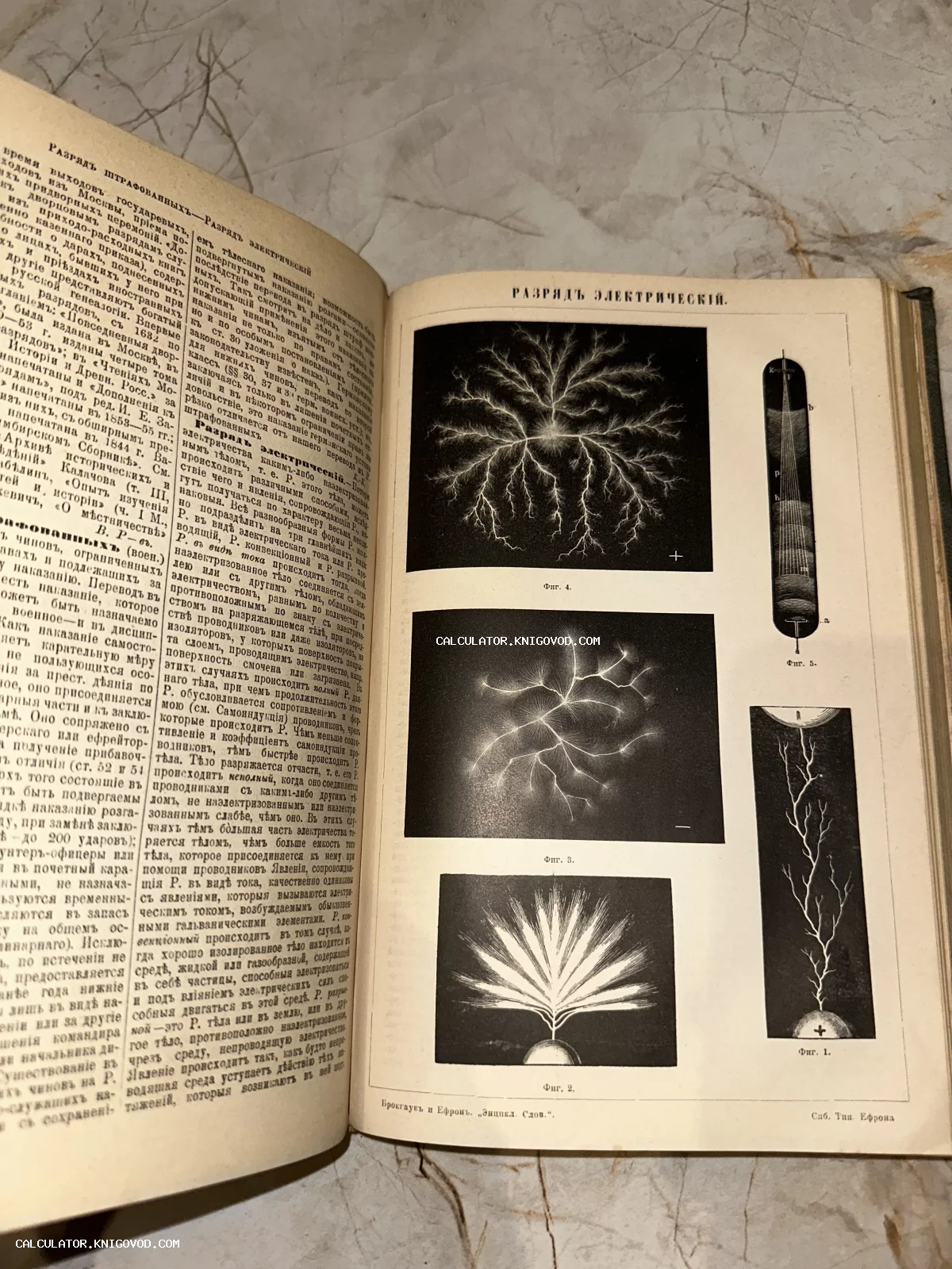 Разворот старинной книги с текстом на дореволюционном русском языке и гравюрами с изображением различных видов электрических разрядов.