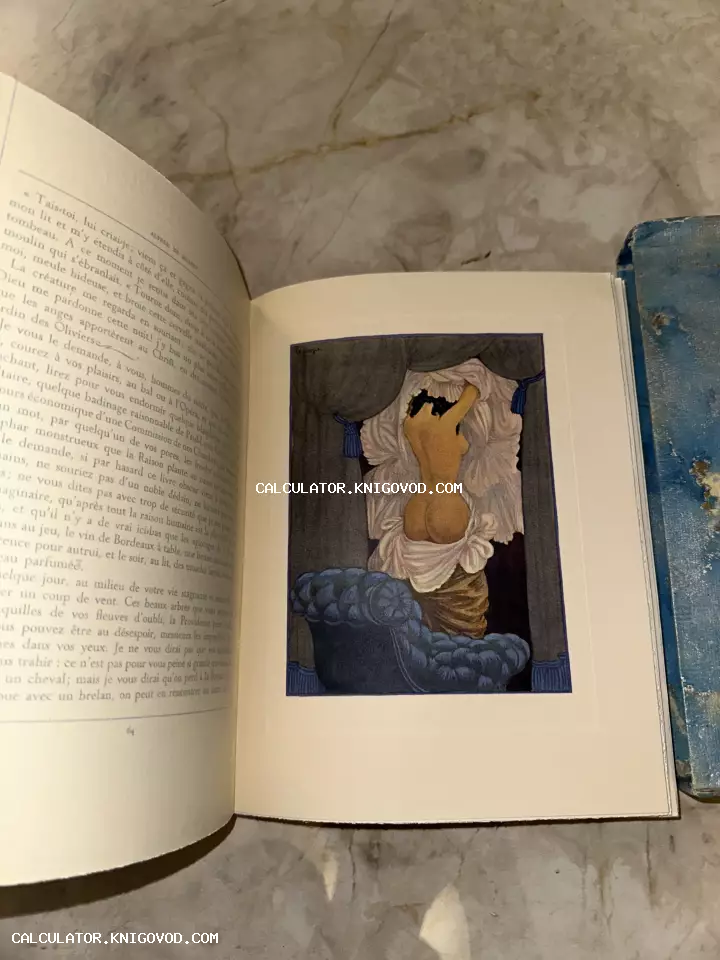 Разворот старинной книги с текстом на французском языке и цветной иллюстрацией обнаженной женщины со спины в интерьере с синим креслом.