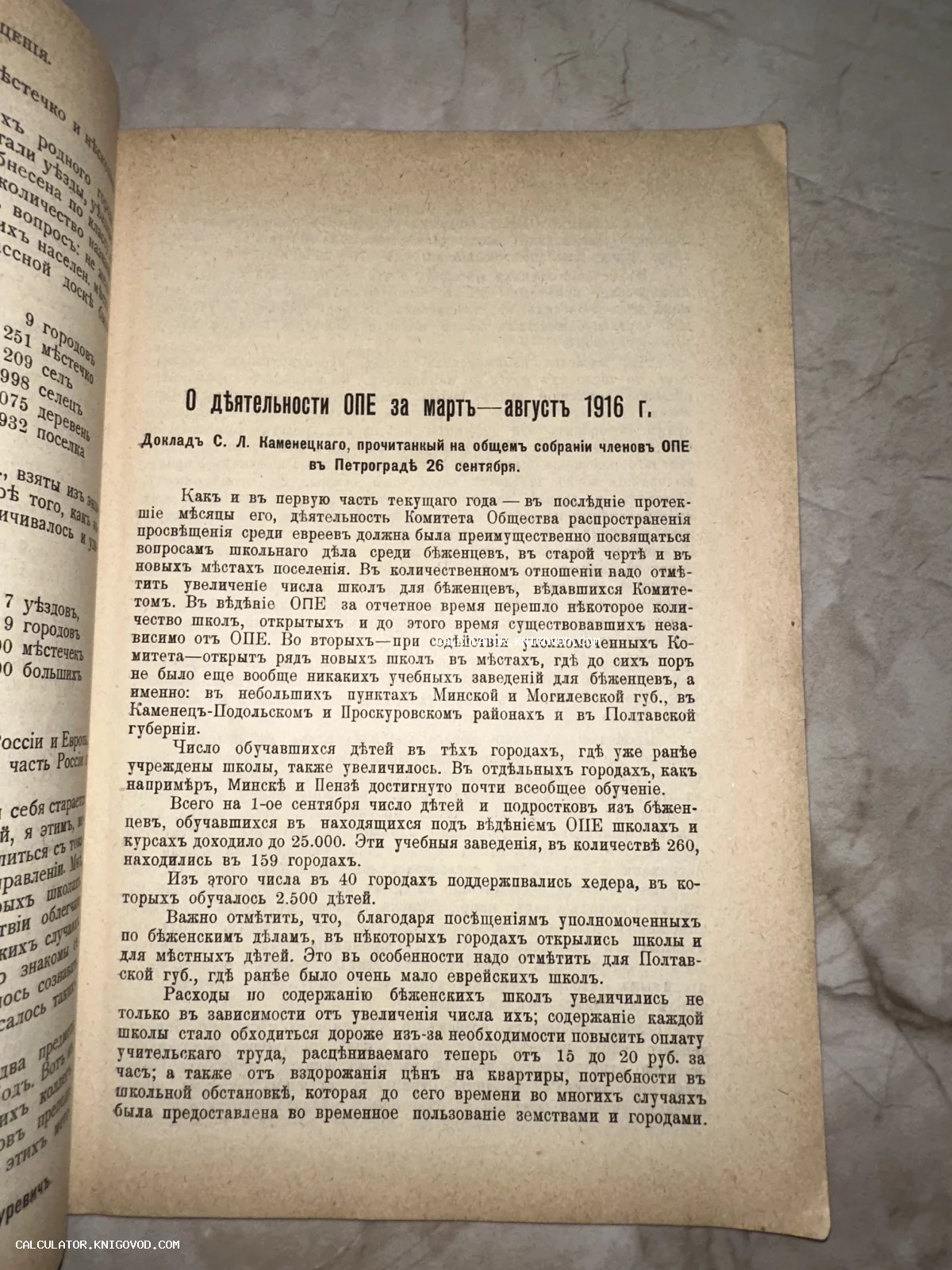Страница старой книги с заголовком 'О деятельности ОПЕ за март — август 1916 г.' и текстом доклада С. Л. Каменецкого.