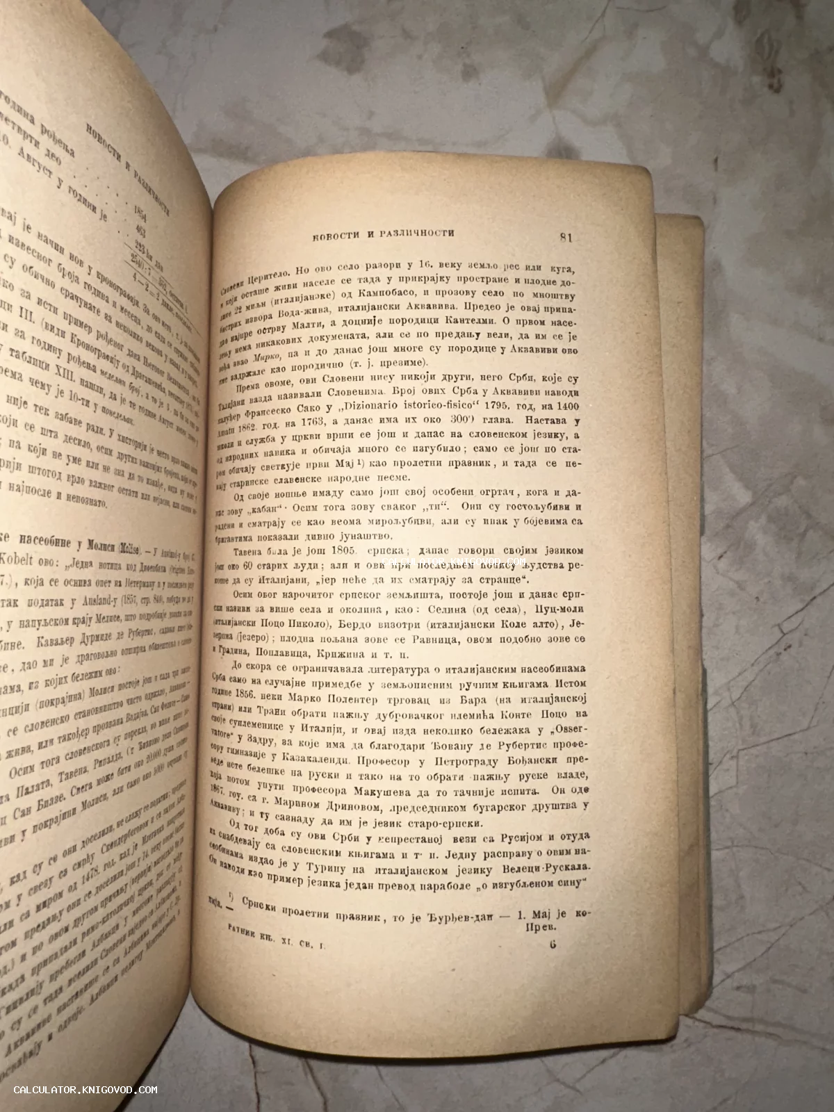 Разворот старинной книги с пожелтевшими страницами и печатным кириллическим текстом.