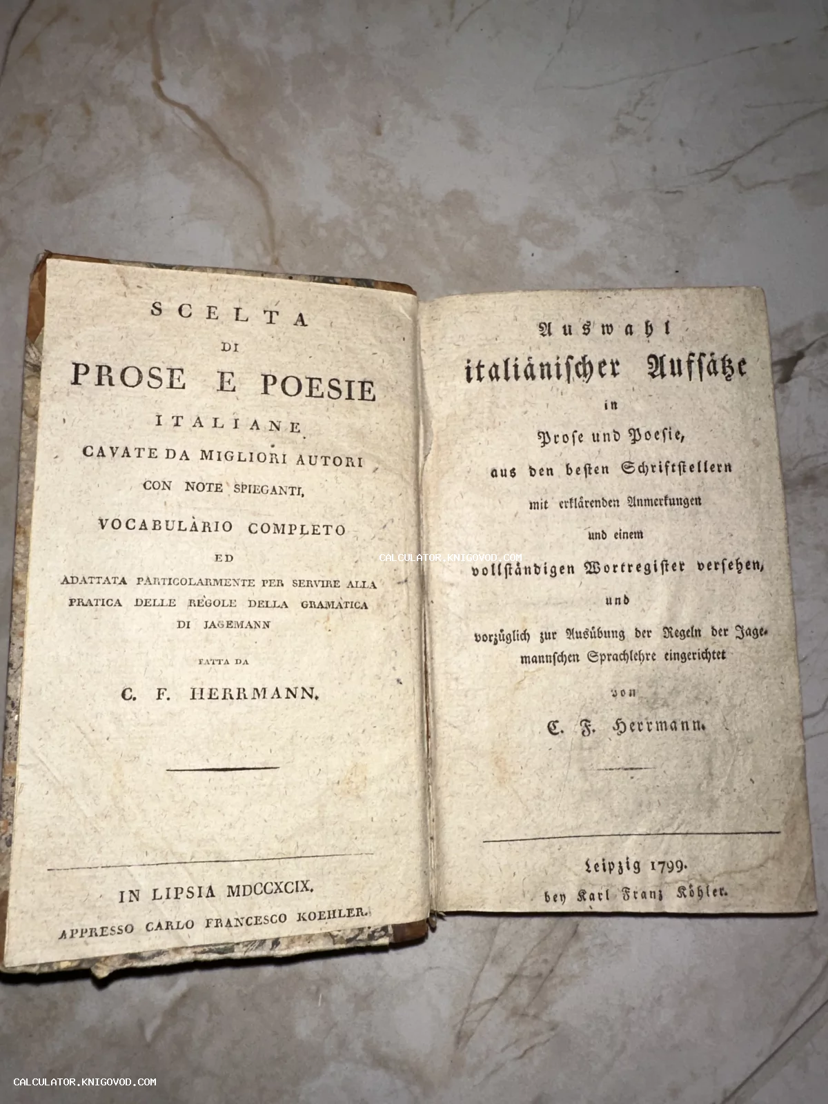 Разворот антикварной книги 1799 года с титульными листами на итальянском и немецком языках.