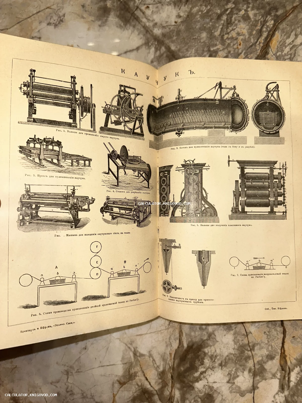 Разворот старинной книги с техническими иллюстрациями станков для обработки каучука и схем процесса вулканизации.
