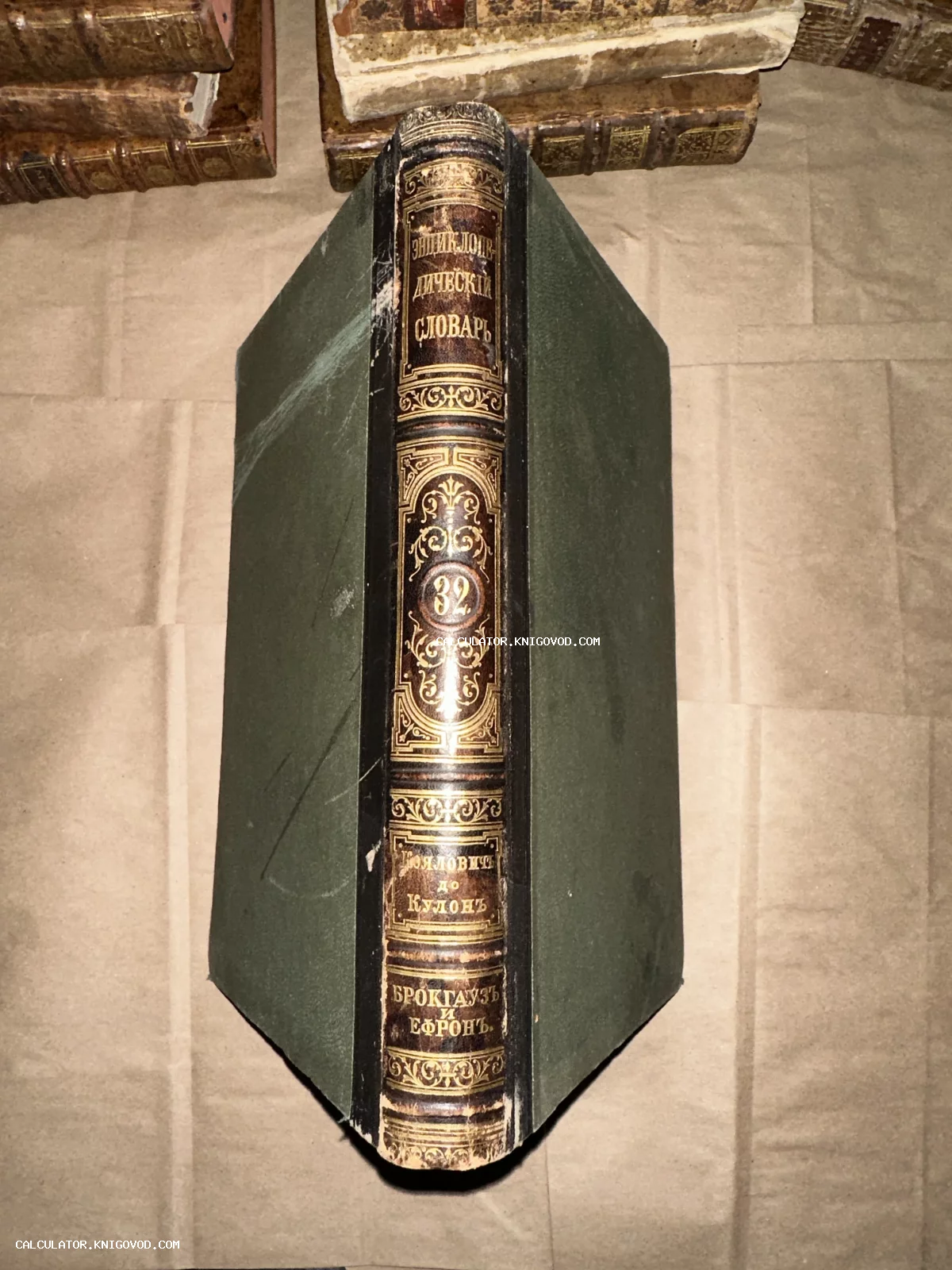 Вид на корешок антикварного тома Энциклопедического словаря Брокгауза и Ефрона с золотым тиснением на коже.