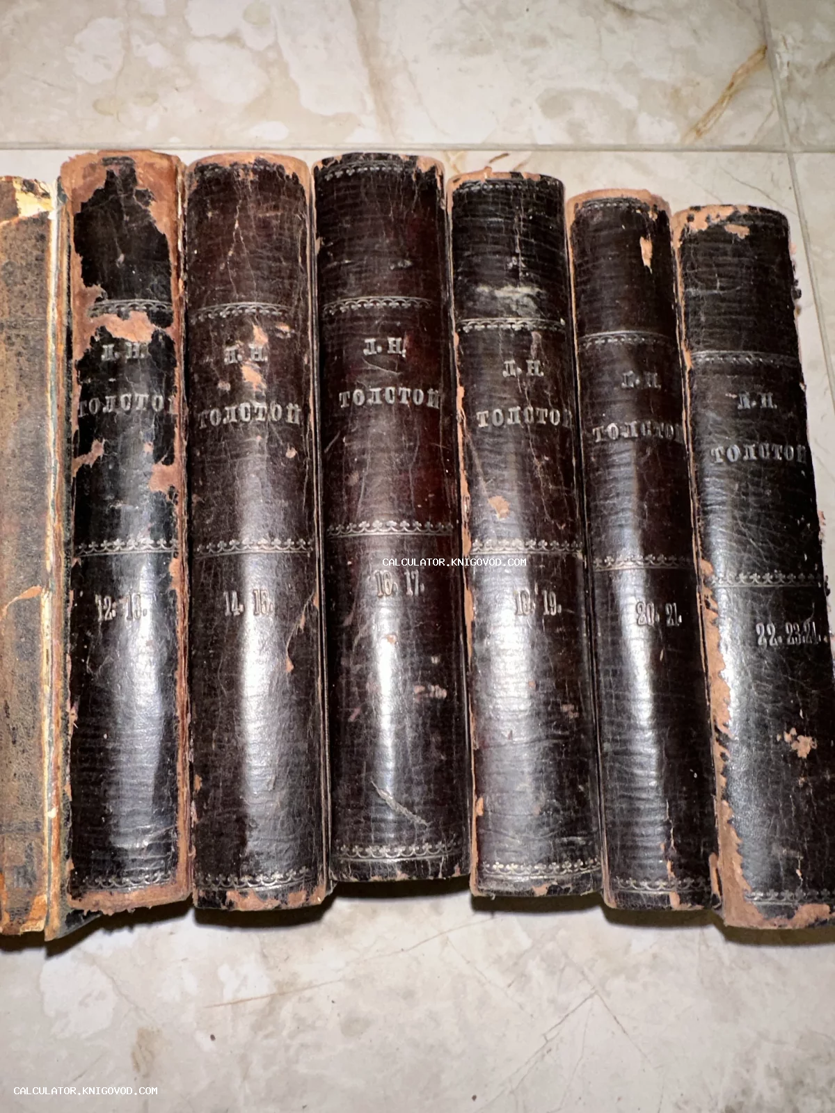 Ряд старинных книг с корешками, на которых вытиснено имя Л. Н. Толстого и номера томов.