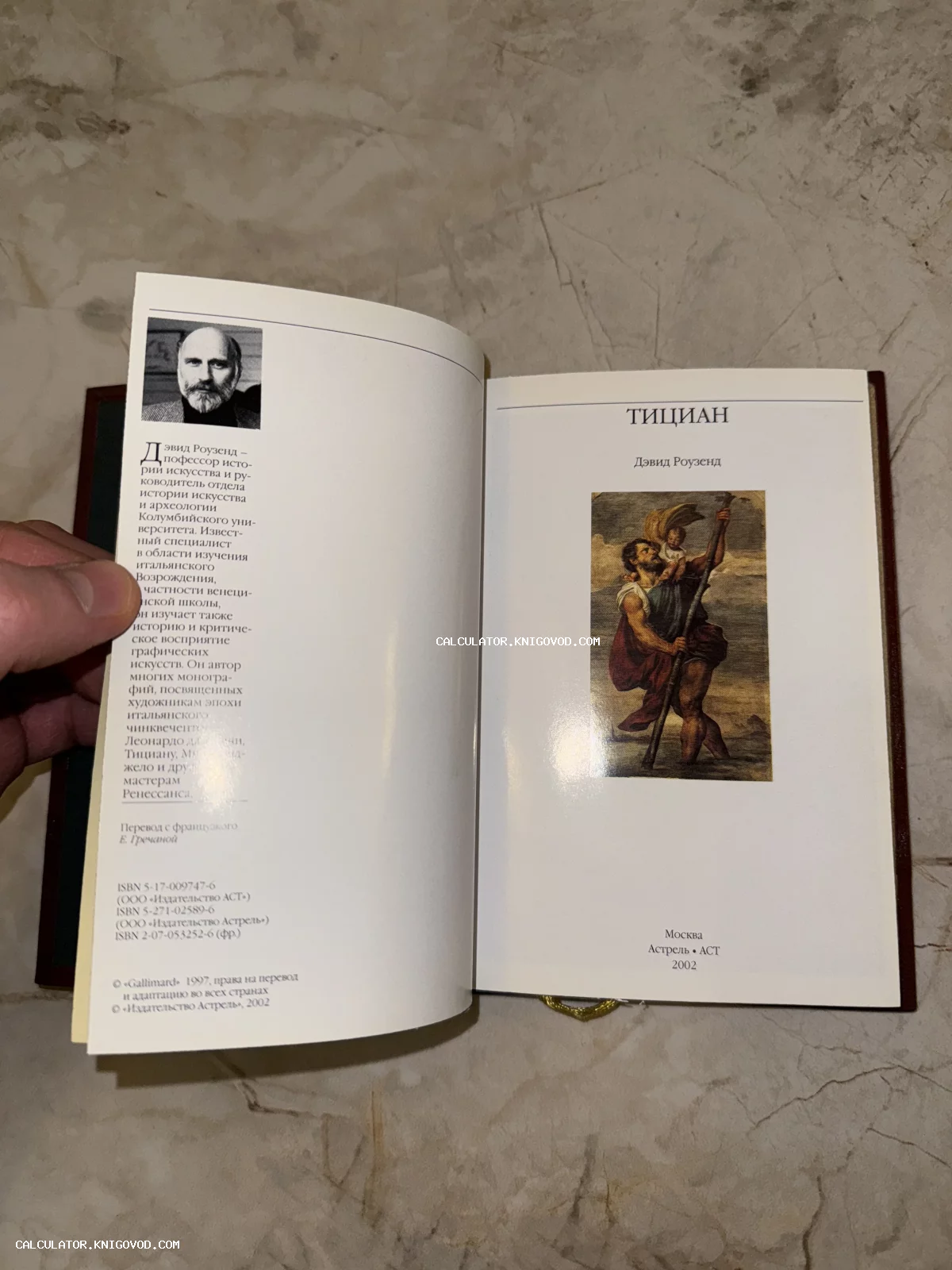 Разворот книги о художнике Тициане с биографией автора Дэвида Роузенда и репродукцией картины на титульной странице.