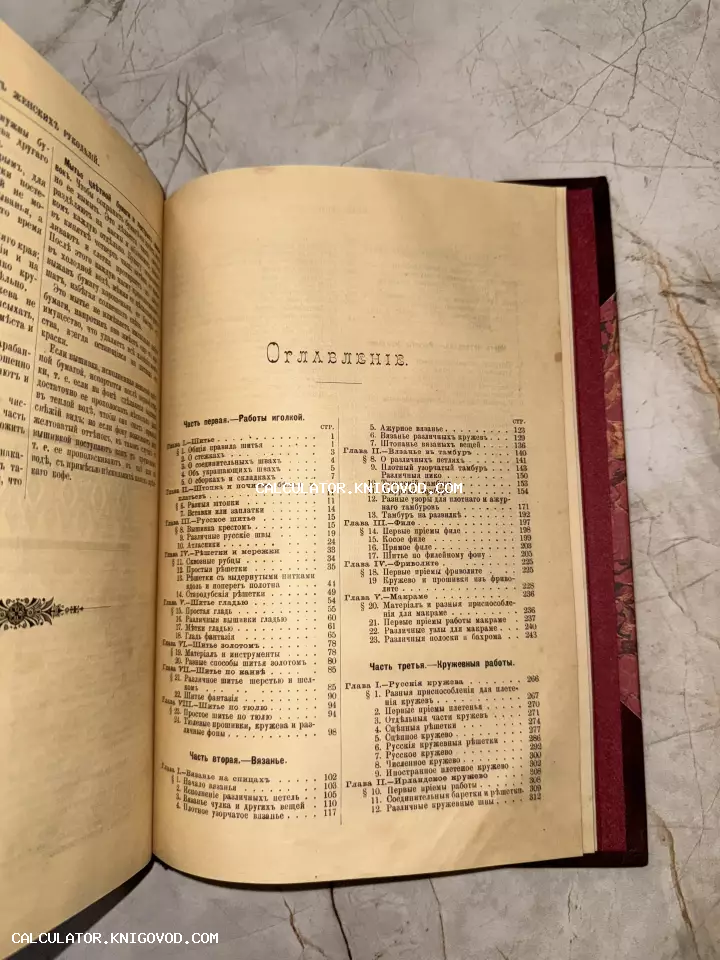 Разворот антикварной книги с оглавлением на пожелтевшей бумаге, текст содержит разделы о шитье, вязании и кружеве.