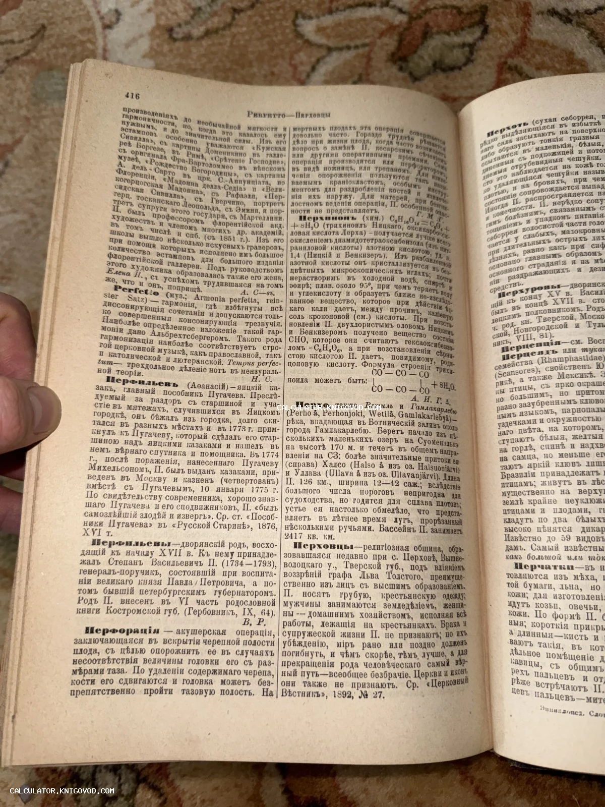 Разворот старинной книги с текстом на дореформенном русском языке, энциклопедический словарь конца XIX века.