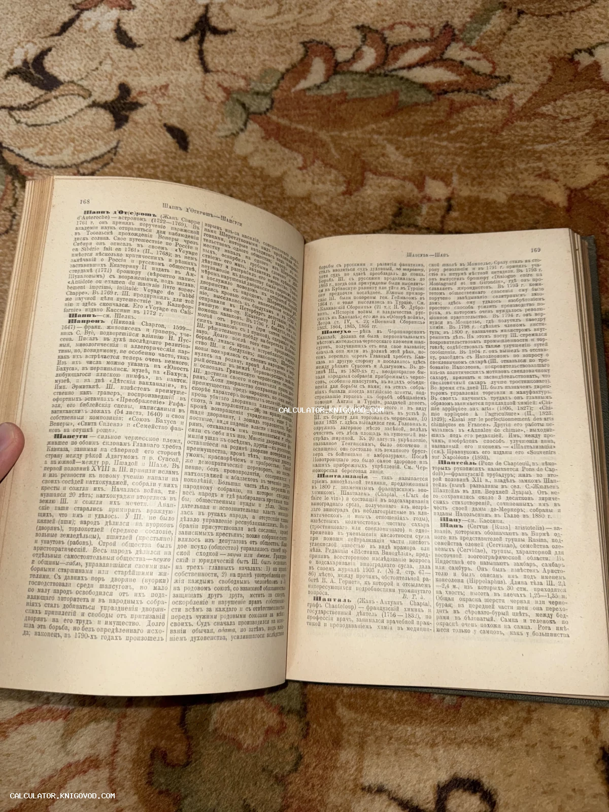 Развернутая старинная книга с текстом на дореволюционном русском языке, страницы под номерами 168 и 169.