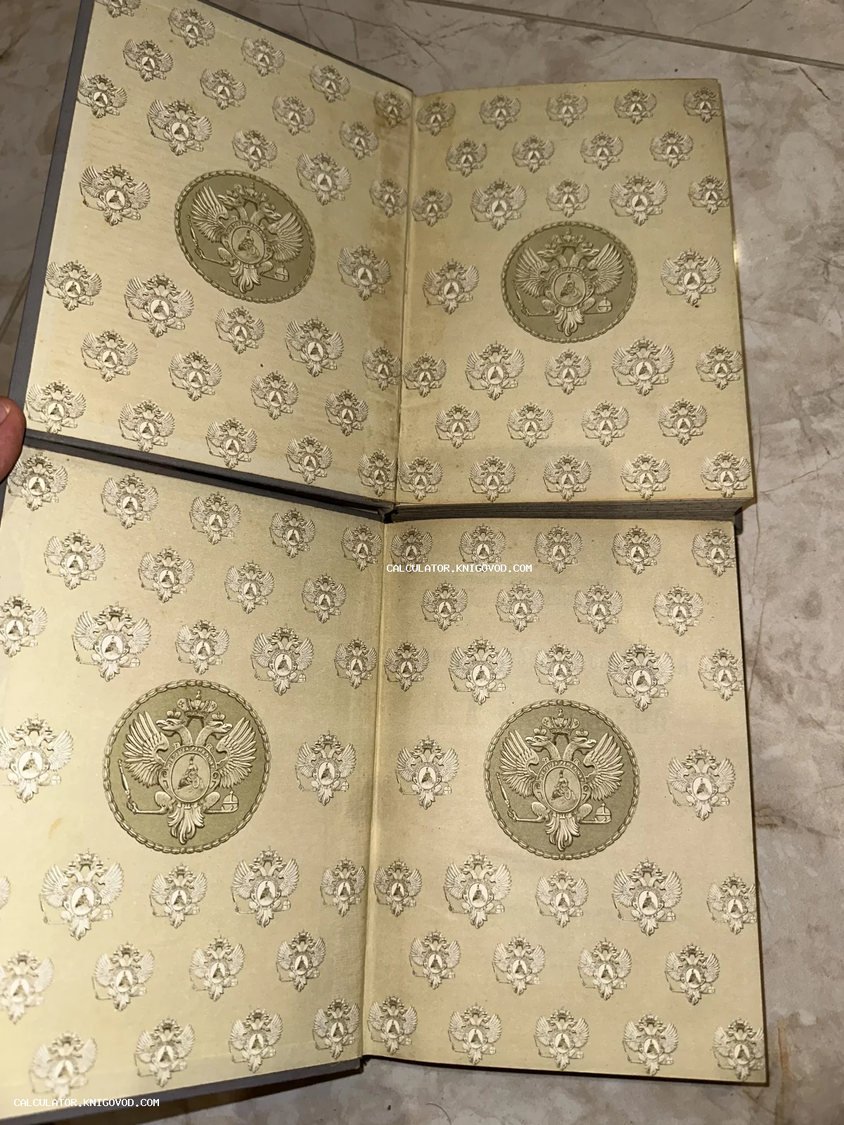 Две открытые старинные книги с форзацами, украшенными паттерном и гербом Российской империи в виде двуглавого орла.