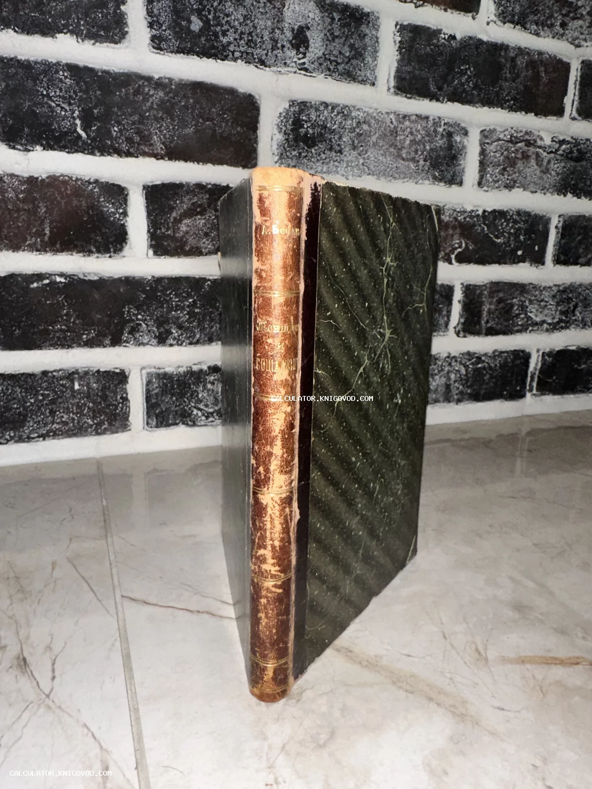 Старинная книга с потертым коричневым кожаным корешком и золотым тиснением на фоне декоративного кирпича