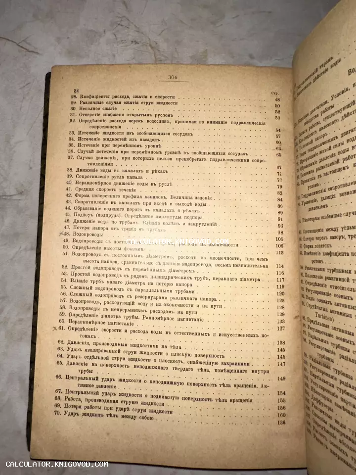 Страница 306 из старой книги со списком глав на дореволюционном русском языке, посвященных механике жидкостей и водопроводам.