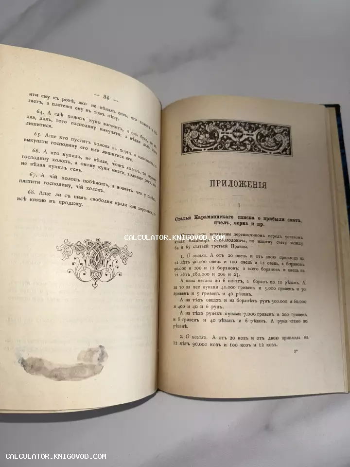 Разворот антикварной книги с текстом на дореволюционном русском языке, украшенный декоративными орнаментальными заставками.