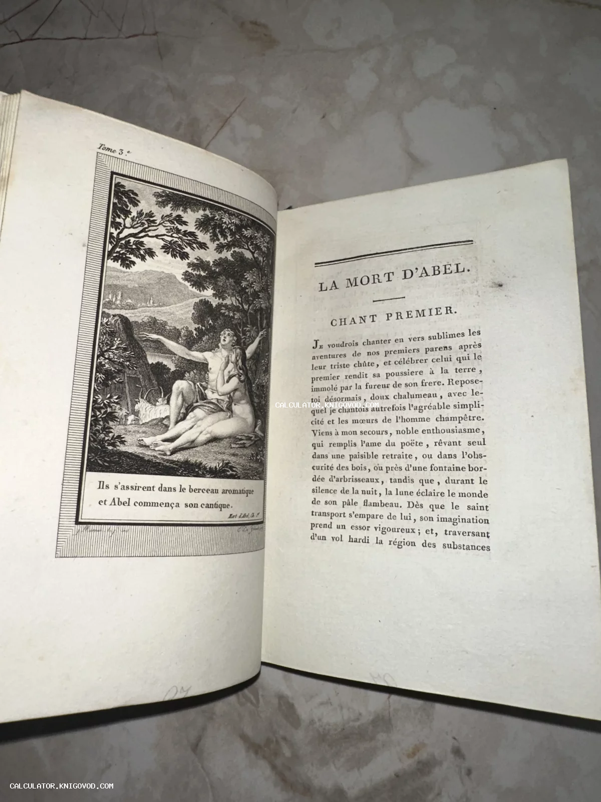 Разворот старинной французской книги с детальной сюжетной гравюрой и текстом поэмы 'La Mort d'Abel'.