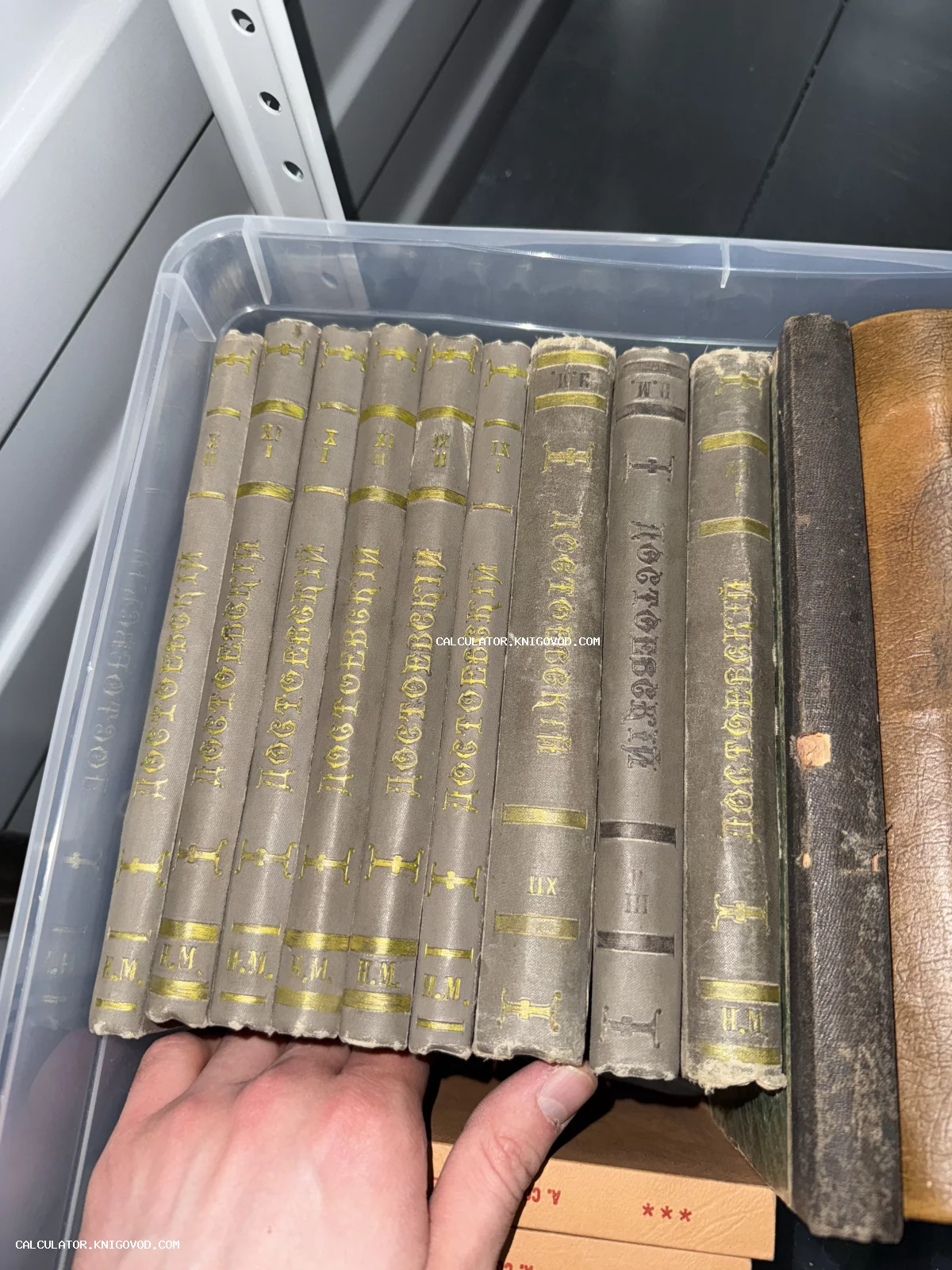 Корешки старинных книг Федора Михайловича Достоевского с золотым тиснением в пластиковом боксе.