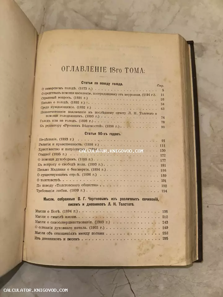 Фотография страницы антикварной книги с оглавлением 18-го тома, включающего статьи Льва Толстого о голоде и мысли, собранные Чертковым.