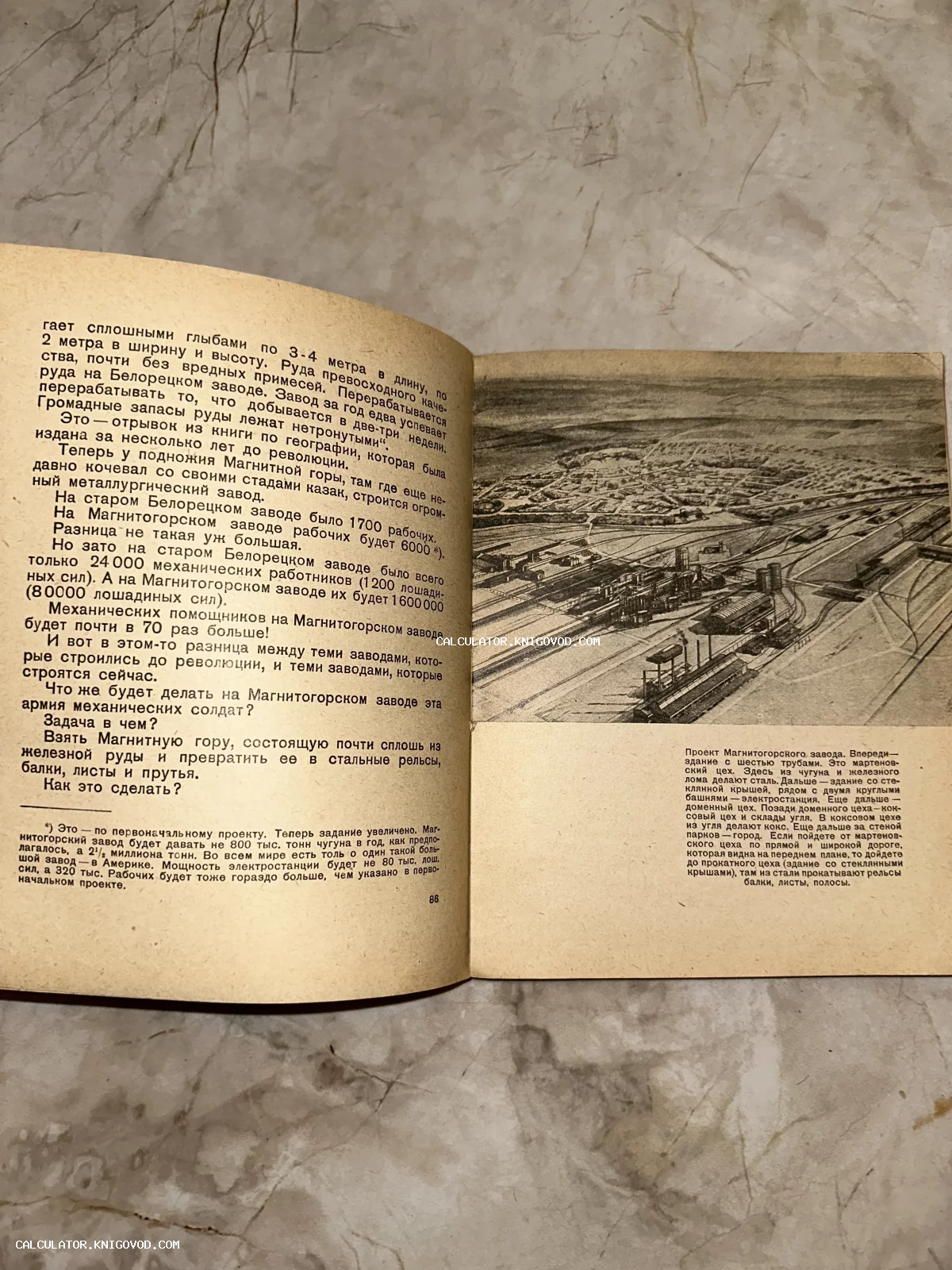 Разворот старинной советской книги с текстом о Магнитогорском металлургическом заводе и графической иллюстрацией промышленного комплекса.