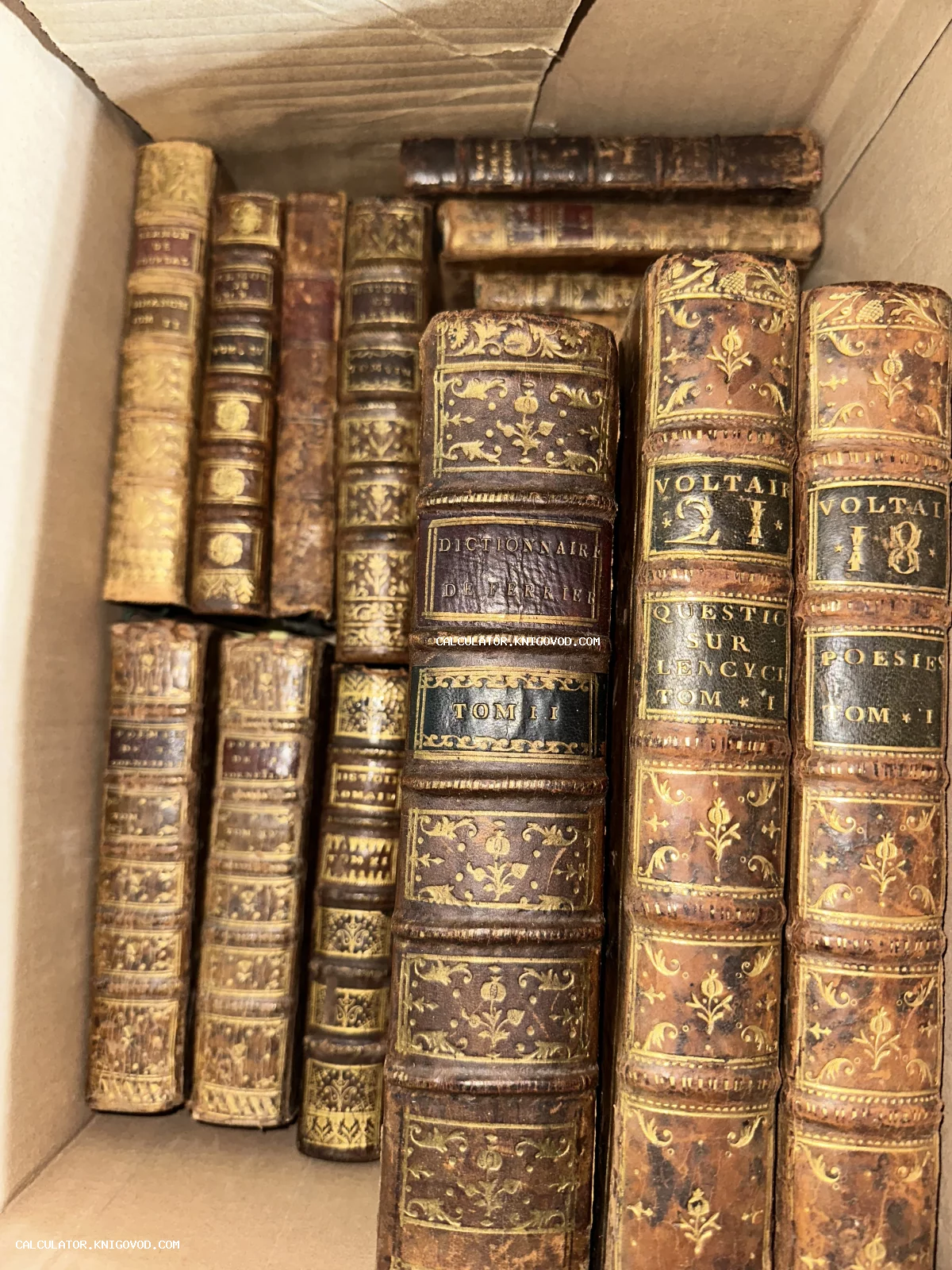Старинные книги с золотым тиснением на корешках в картонной коробке, включая труды Вольтера и словари на французском языке.
