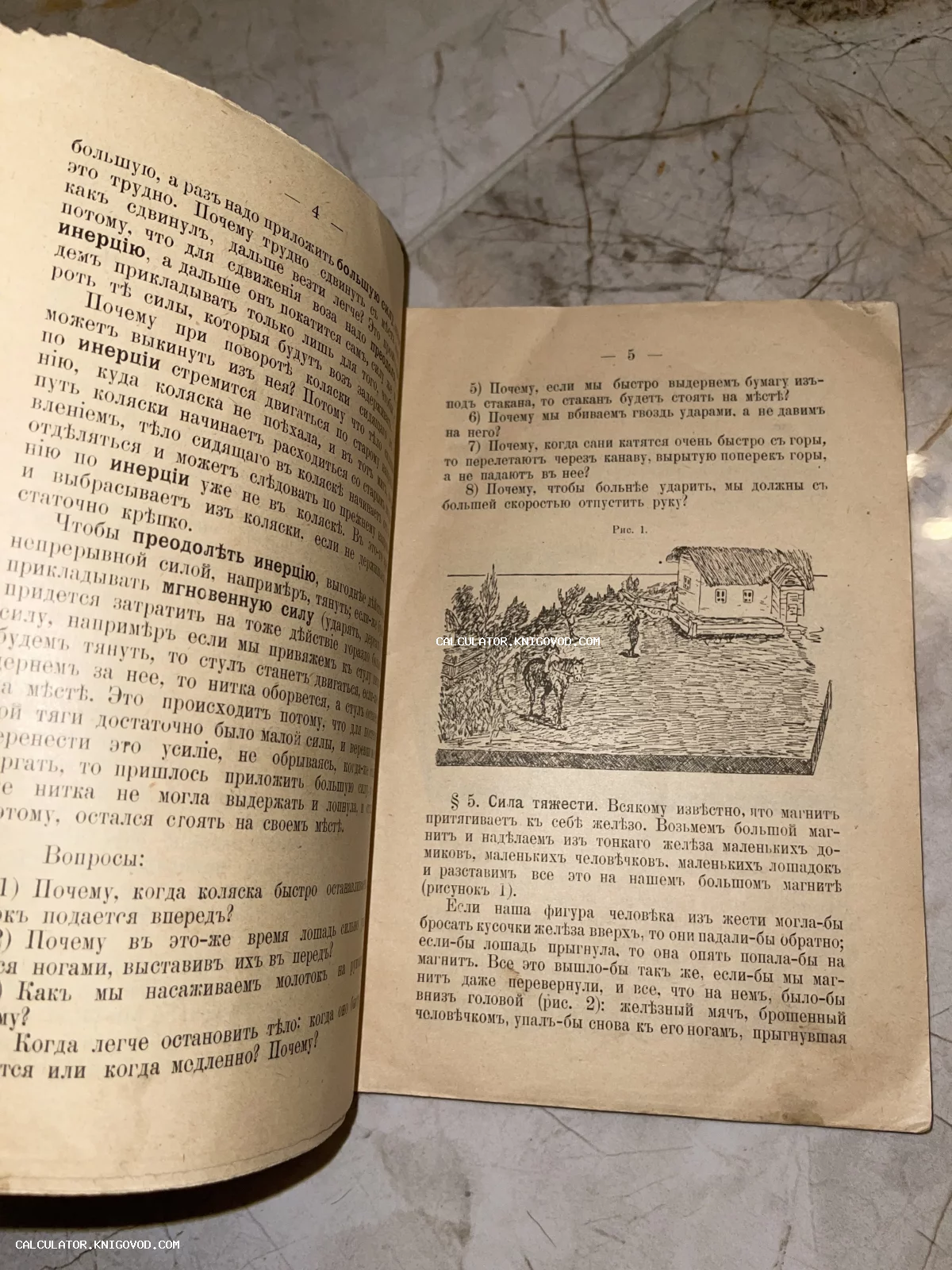 Разворот антикварной книги с текстом на дореволюционном русском языке и графической иллюстрацией крестьянского двора.