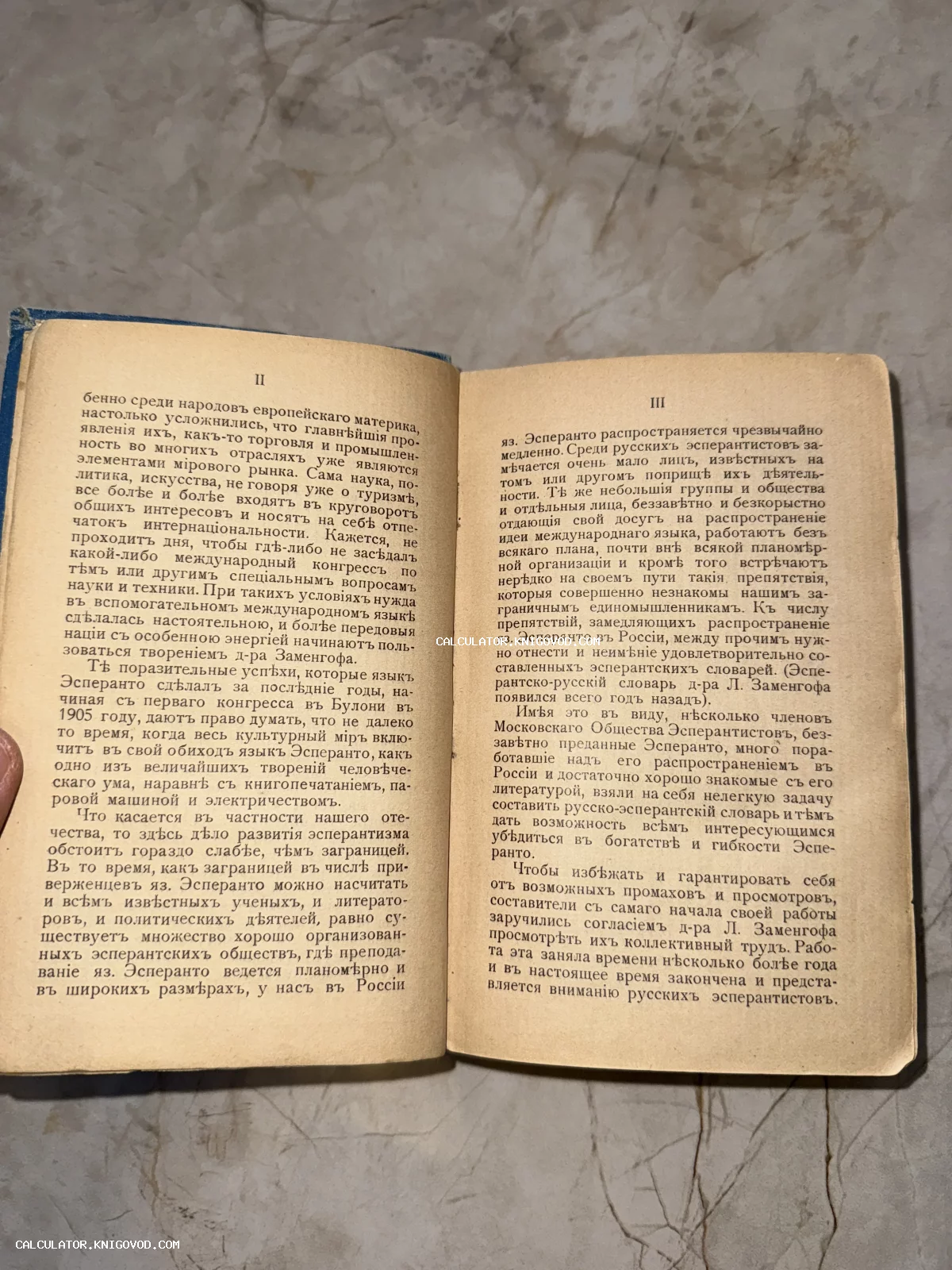 Разворот старинной книги с дореволюционной орфографией, текст которой посвящен доктору Заменгофу и международному языку эсперанто.