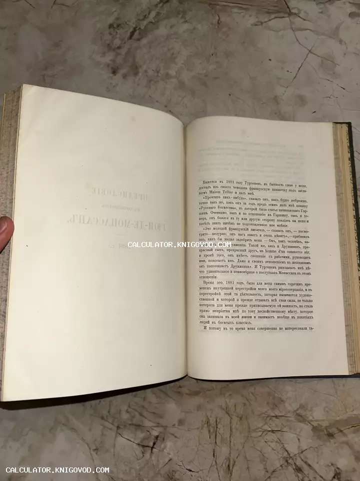 Разворот старинной книги с текстом на дореволюционном русском языке, упоминающим Тургенева и Мопассана.