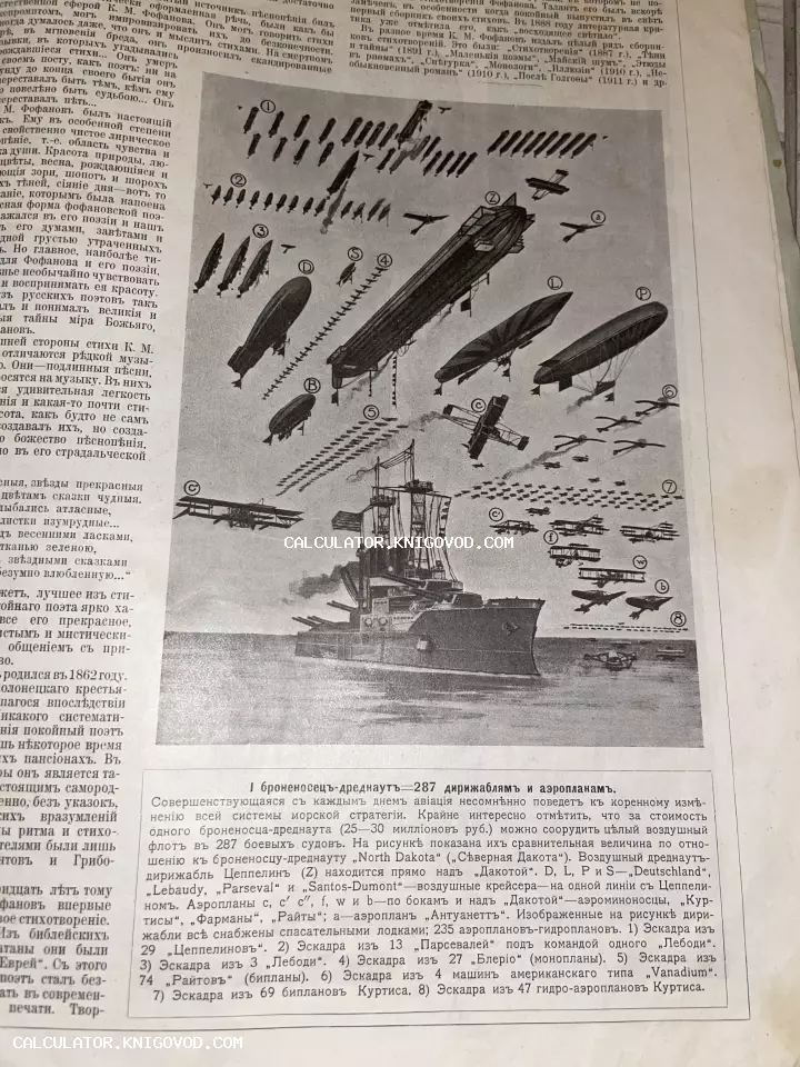 Черно-белая страница старинного печатного издания с иллюстрацией, сравнивающей стоимость одного броненосца-дредноута и 287 дирижаблей и аэропланов.