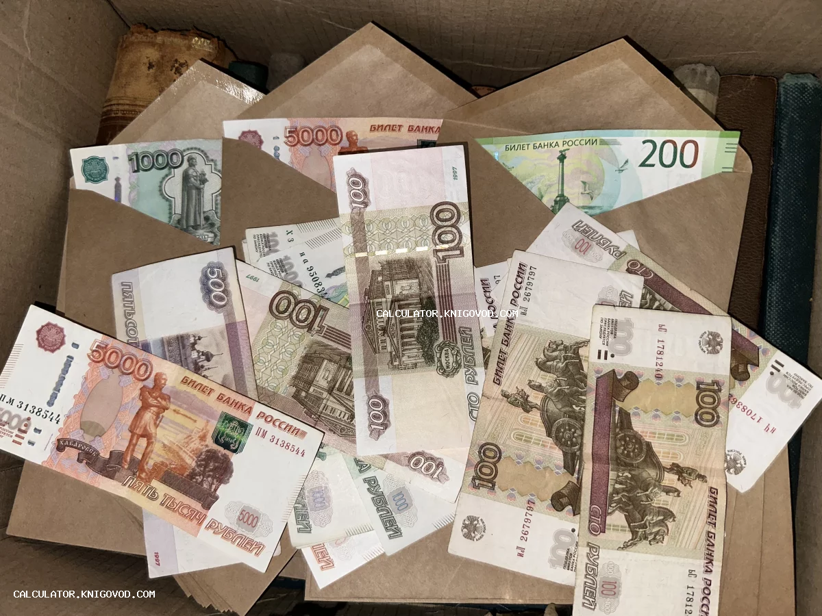 Российские банкноты номиналом 100, 200, 500, 1000 и 5000 рублей, разложенные в бумажные крафт-конверты в картонной коробке на фоне старых книг.