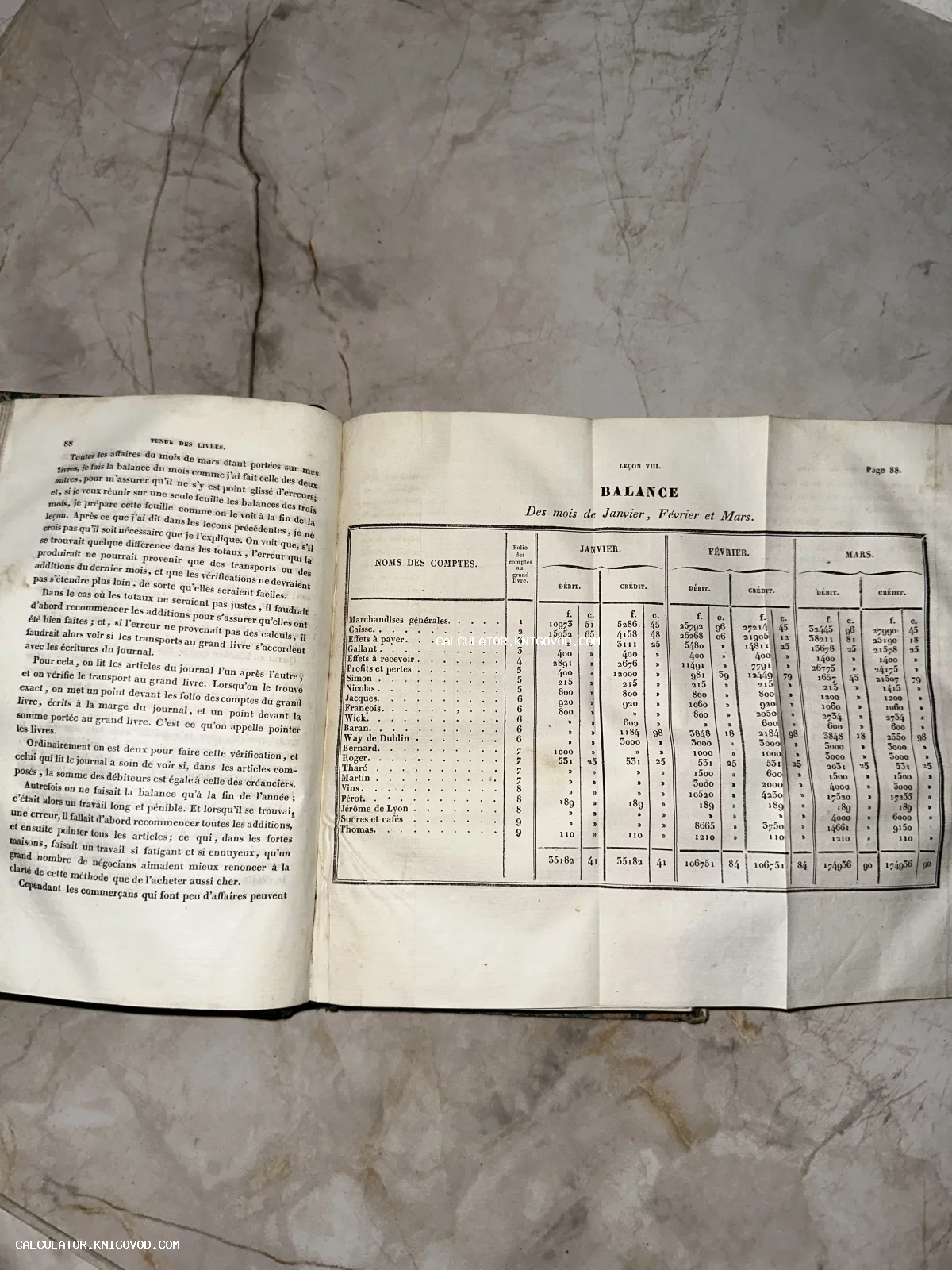 Разворот антикварной книги на французском языке с таблицей финансового баланса за три месяца.