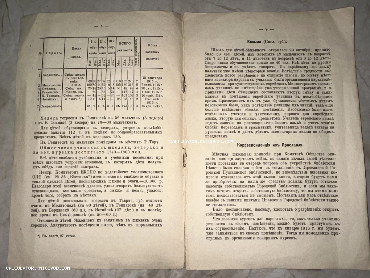 Разворот старинной печатной брошюры 1915 года с текстом на дореволюционном русском языке и статистической таблицей о школах.
