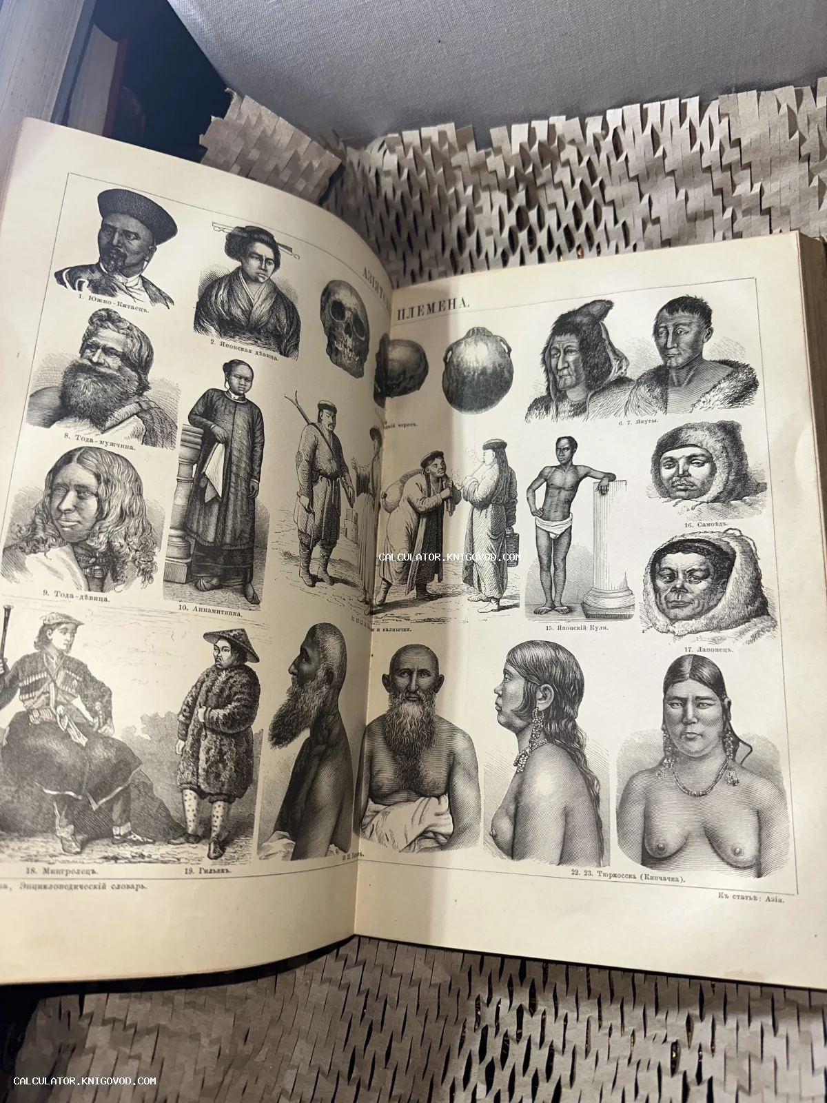 Разворот старинной энциклопедии с черно-белыми этнографическими гравюрами, изображающими портреты и быт азиатских народов с подписями на дореволюционном русском языке.
