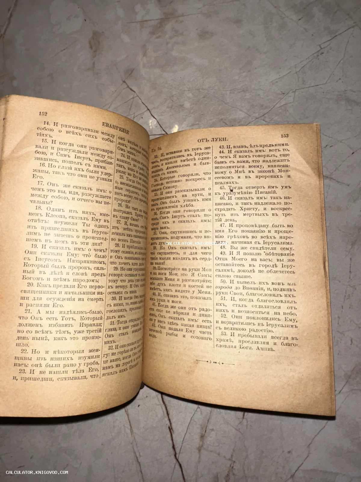 Разворот старинной книги с текстом Евангелия от Луки, напечатанным по дореволюционной орфографии на пожелтевшей бумаге.