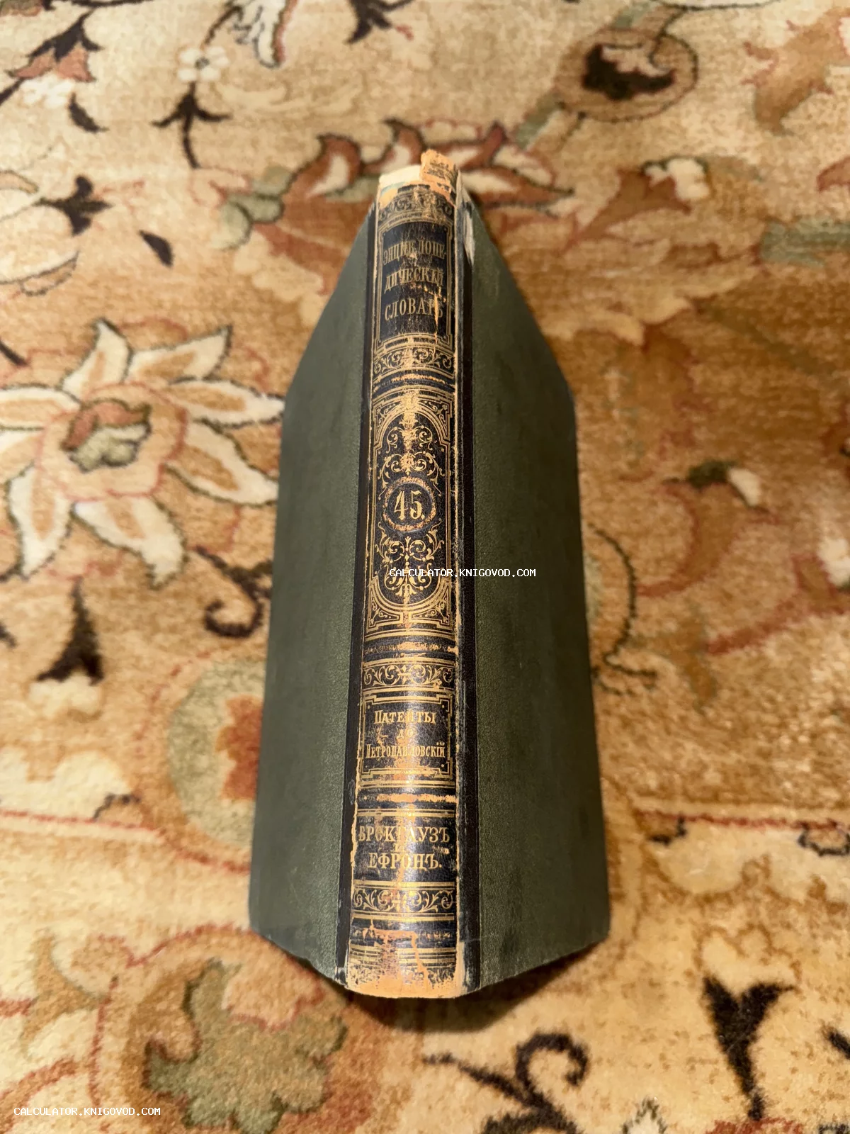 Корешок антикварной книги Брокгауза и Ефрона, 45 том, с золотым орнаментальным тиснением на темном переплете.
