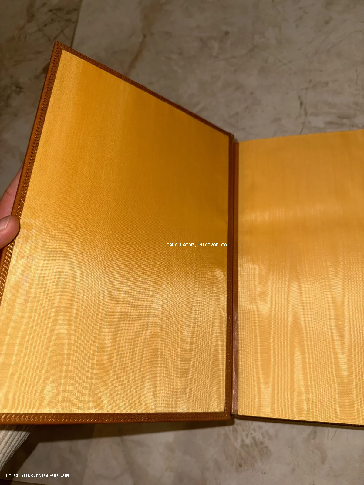 Внутренняя сторона обложки старинной книги, отделанная желтым муаровым шелком и кожаным кантом с тиснением.