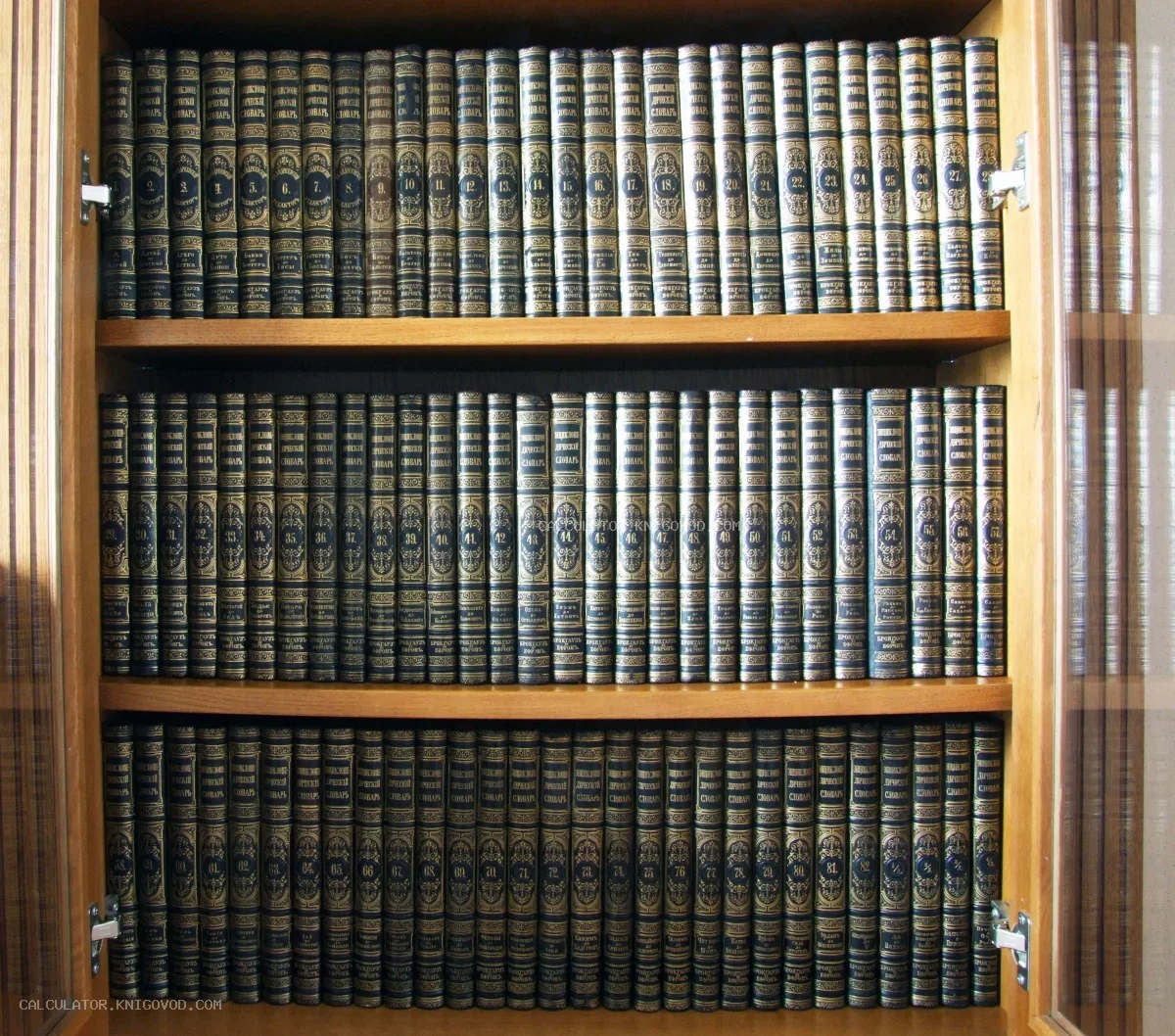 Ряды антикварных книг в темных переплетах с золотым тиснением на полках деревянного шкафа.