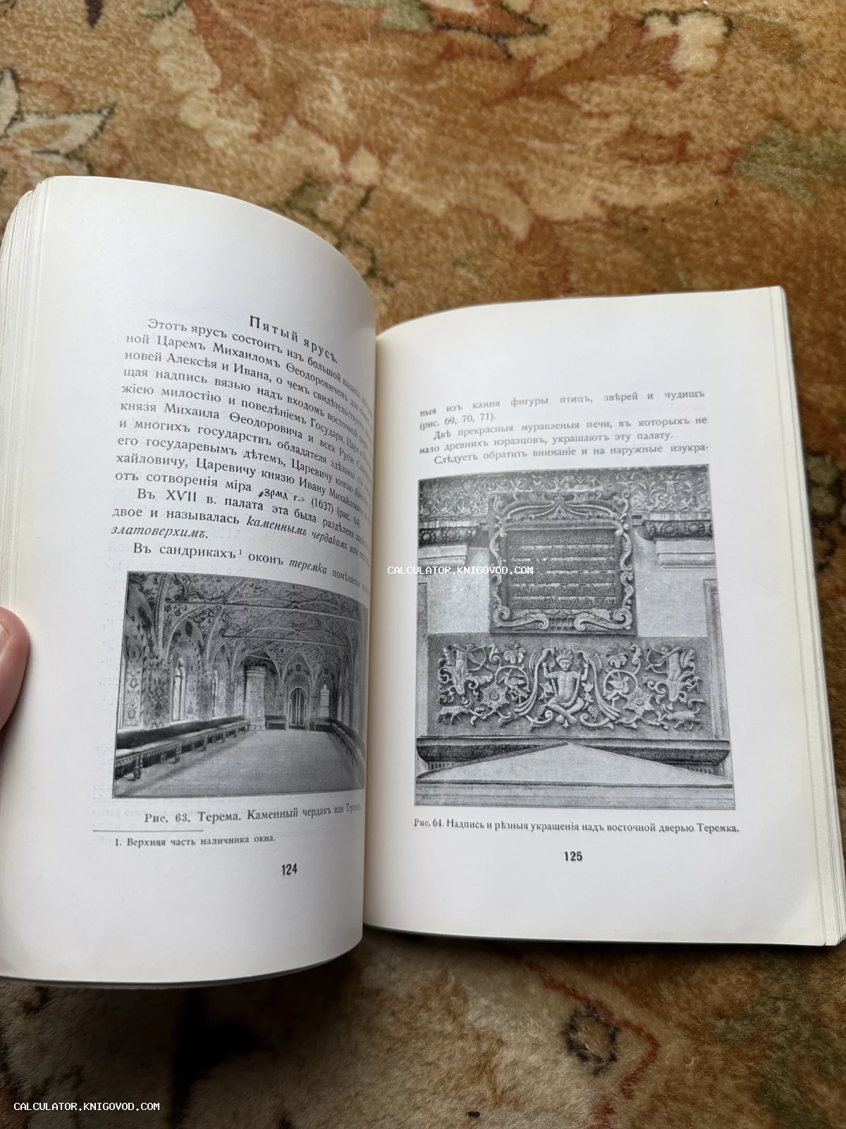 Разворот раскрытой книги с иллюстрациями интерьеров и фасадного декора Теремного дворца, текст на дореволюционном русском языке.