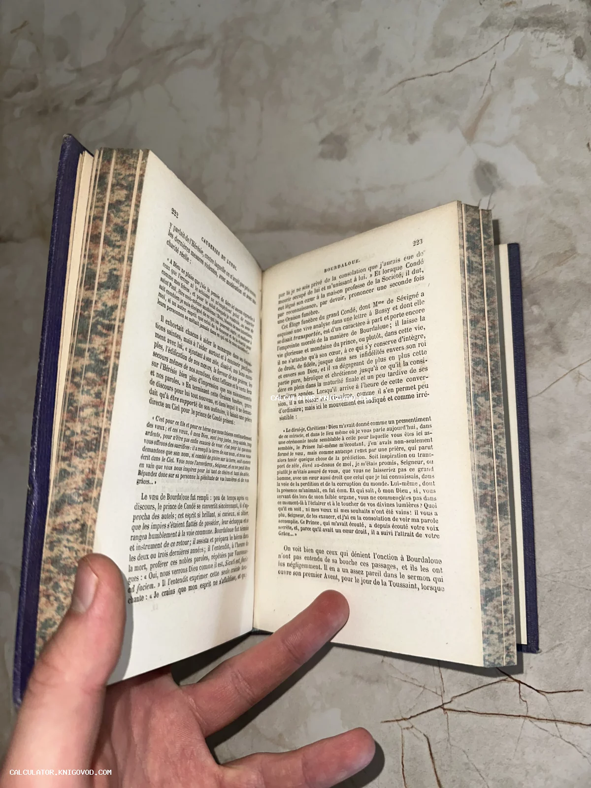 Разворот старинной французской книги со страницами 222 и 223 и мраморным декорированным обрезом.