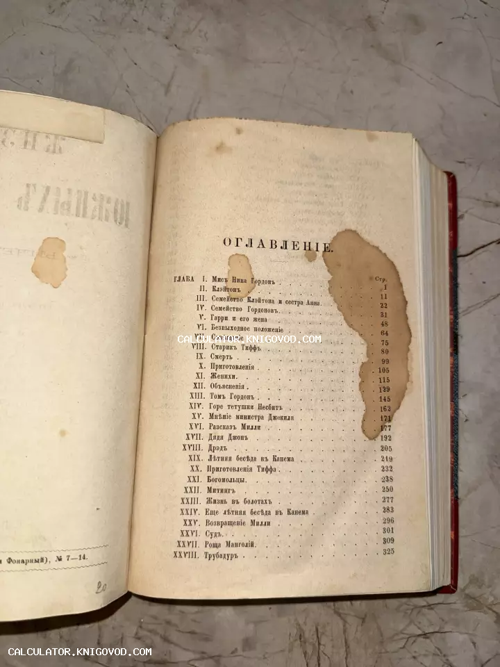 Страница оглавления старинной книги с дореволюционным шрифтом и характерными водяными пятнами на бумаге.