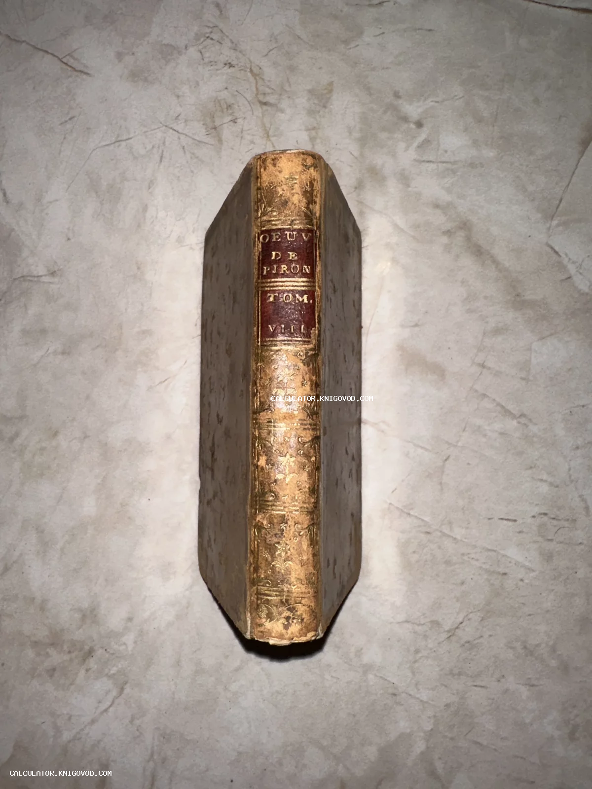 Старинный кожаный переплет книги с золотым тиснением на корешке и надписью Oeuv de Piron