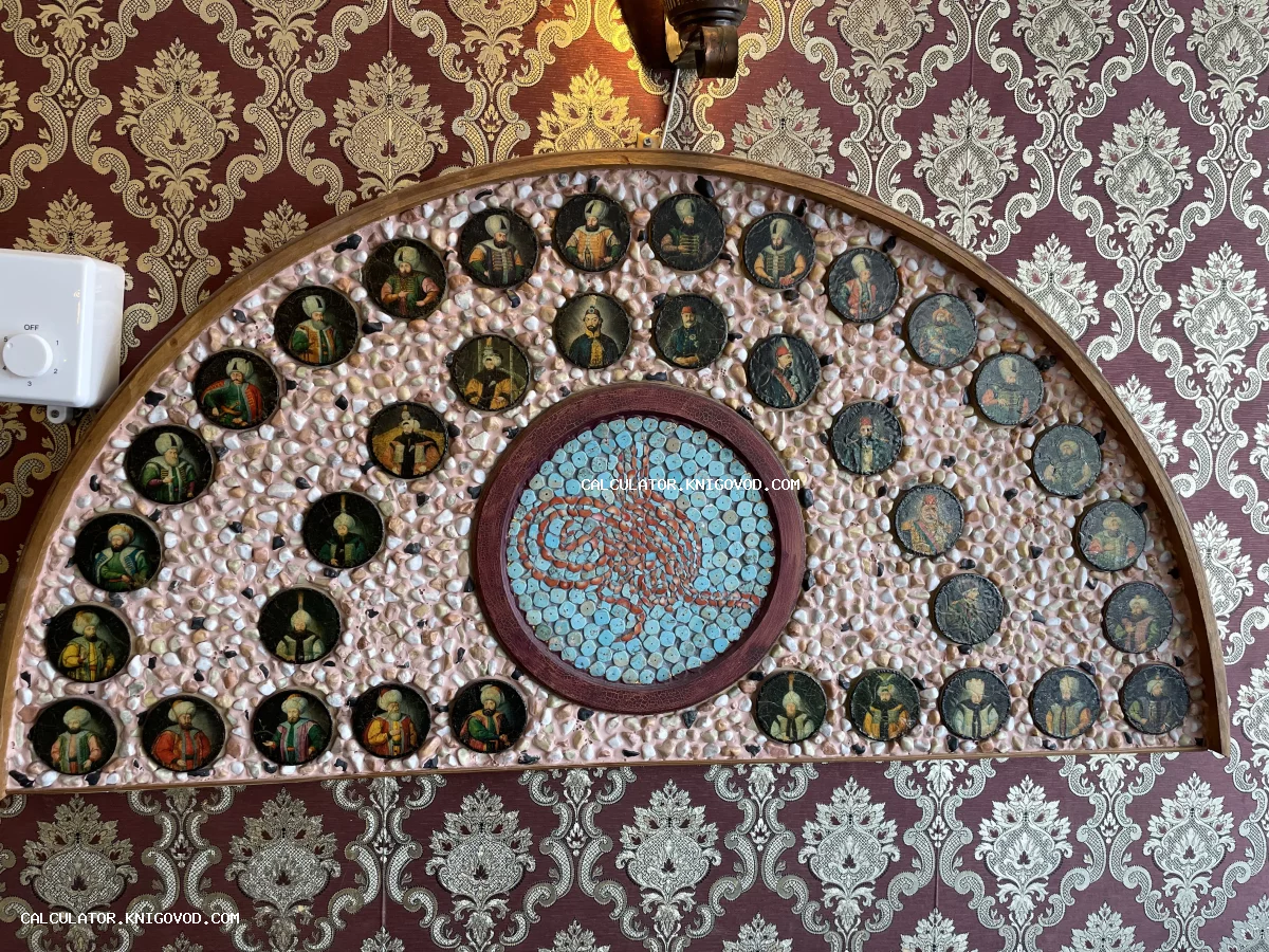 Полукруглое настенное панно с миниатюрными портретами правителей в тюрбанах и мозаичной тугрой в центре.